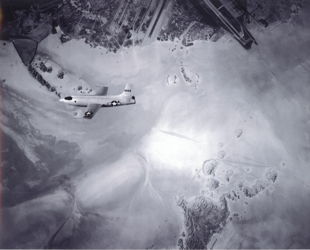 Then Capt. Charles "Chuck" Yeager pilots a Bell X-1 on final approach above Edwards Air Force Base, California. (Photo courtesy of Air Force Test Center History Office)
