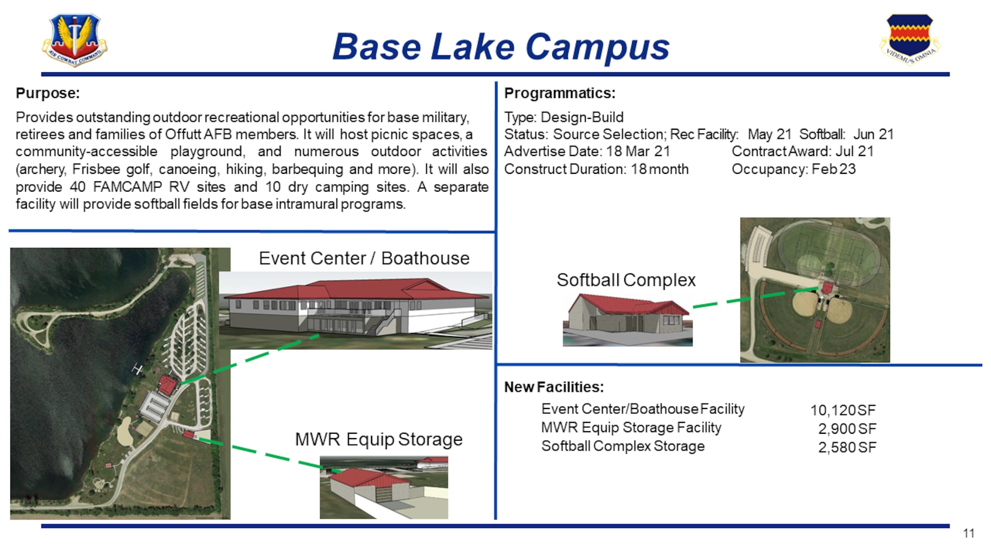 Graphic showing plans and future layout for Base Lake Campus flood reconstruction. Shows layout for boathouse, event center and a softball complex.