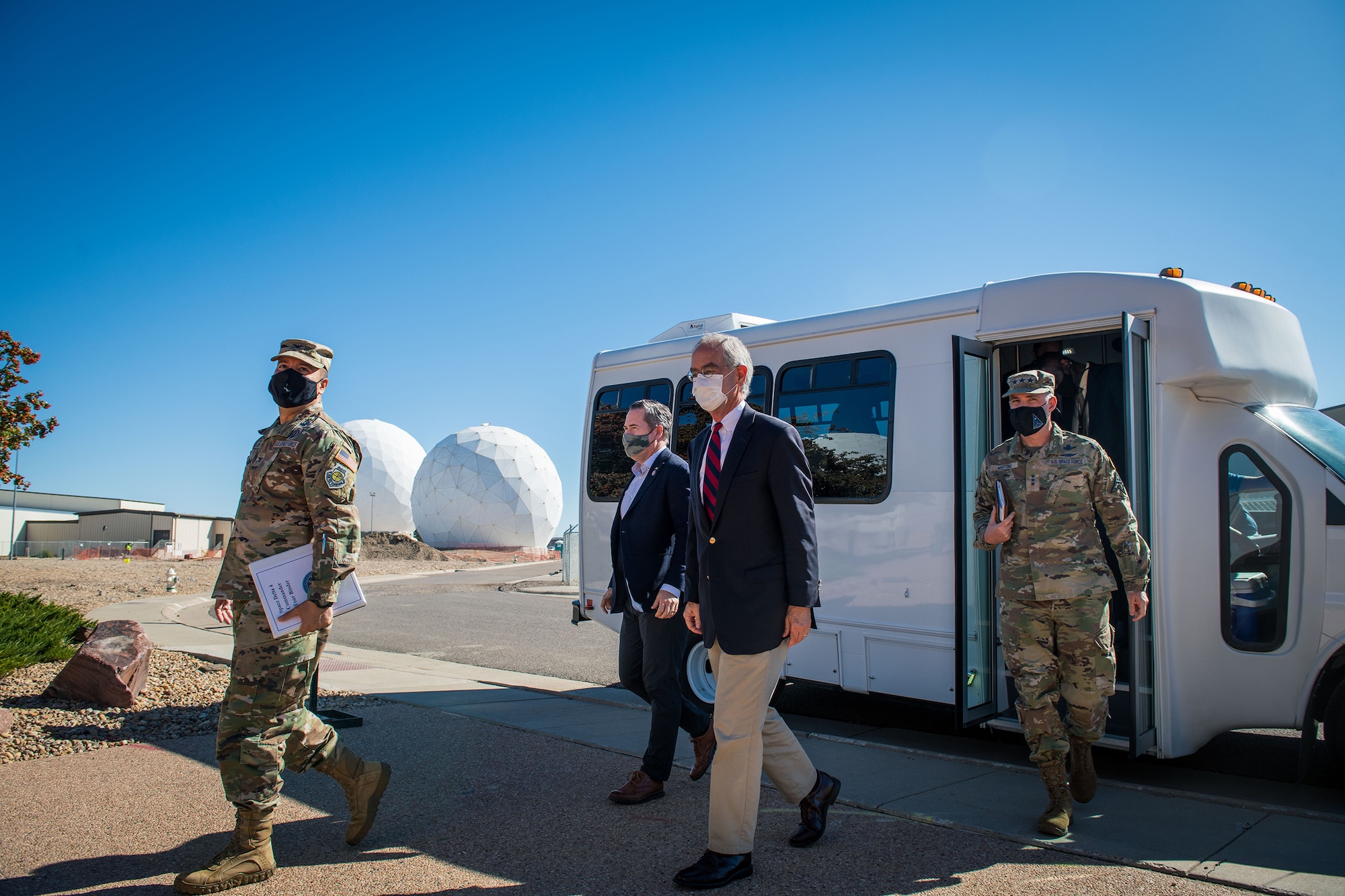 From left to right, U.S. Space Force Col. Miguel Cruz, the Space Delta 4 commander, Congressman Michael Waltz, the U.S. Representative for Florida’s 6th congressional district, Congressman Jim Cooper, the U.S. Representative for Tennessee’s 5th congressional district, and USSF Lt. Gen. Stephen Whiting, right, the Space Operations Command commander, exit a surrey before entering the Mission Control Station on Buckley Space Force Base, Colo., Oct. 13, 2021. Buckley is home to the Missile Warning Delta, Space Delta 4, in which they provide strategic and theater missile warning to the United States and our international allies. (U.S. Space Force photo by Senior Airman Joshua T. Crossman)