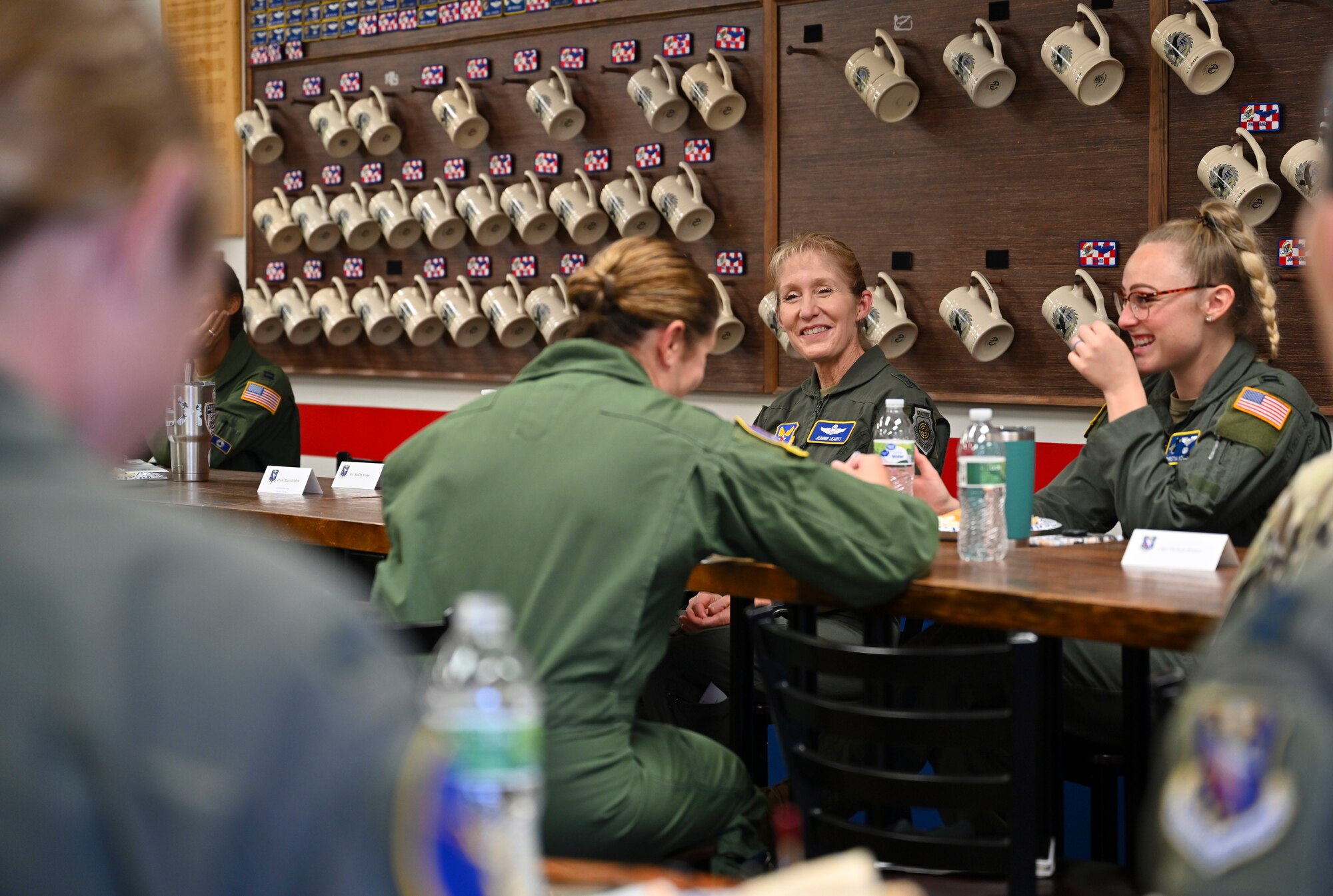 U.S. Air Force Maj. Gen. Jeannie Leavitt, Department of the Air Force chief of safety, Headquaters U.S. Air Force Arlington, VA., and Air Force Safety Center commander, Kirtland Air Force Base, NM., converses with female Airmen during a Lean-in Lunch, Oct. 13, 2021, at the 41st Heritage Room on Columbus Air Force Base, Miss. Leavitt became the first female fighter pilot in United States Air Force in 1993.  (U.S Air Force photo by Airman 1st Class Jessica Haynie)