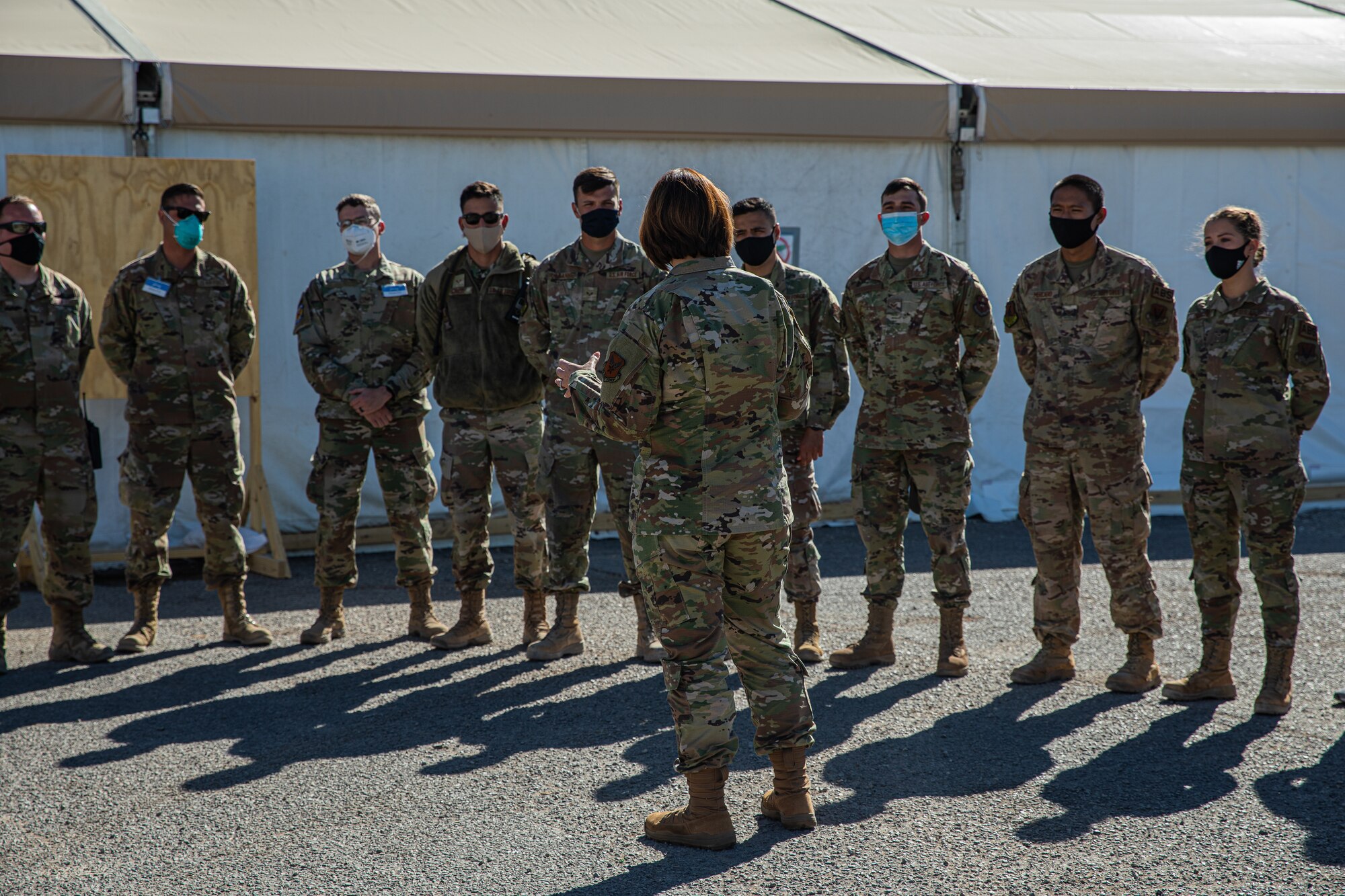 Chief Master Sgt. of the Air Force JoAnne S. Bass speaks with Task Force-Holloman Airmen at Aman Omid Village as part of a visit to Holloman Air Force Base, New Mexico, Oct. 13, 2021. The Department of Defense, through U.S. Northern Command, and in support of the Department of Homeland Security, is providing transportation, temporary housing, medical screening, and general support for at least 50,000 Afghan evacuees at suitable facilities, in permanent or temporary structures, as quickly as possible. This initiative provides Afghan personnel essential support at secure locations outside Afghanistan. (U.S. Army photo by Pfc. Anthony Sanchez)