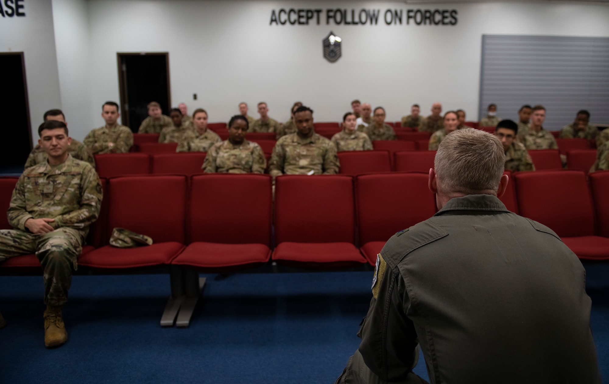 Brig. Gen. Jason Rueschhoff, 7th Air Force deputy commander, speaks to junior enlisted during a mentorship session at Kunsan Air Base, Republic of Korea, Oct. 14, 2021. Rueschhoff covered topics such as sexual assault, leadership, future plans for the force and strategic competition both on peninsula and across the area of responsibility. (U.S. Air Force photo by Senior Airman Suzie Plotnikov)