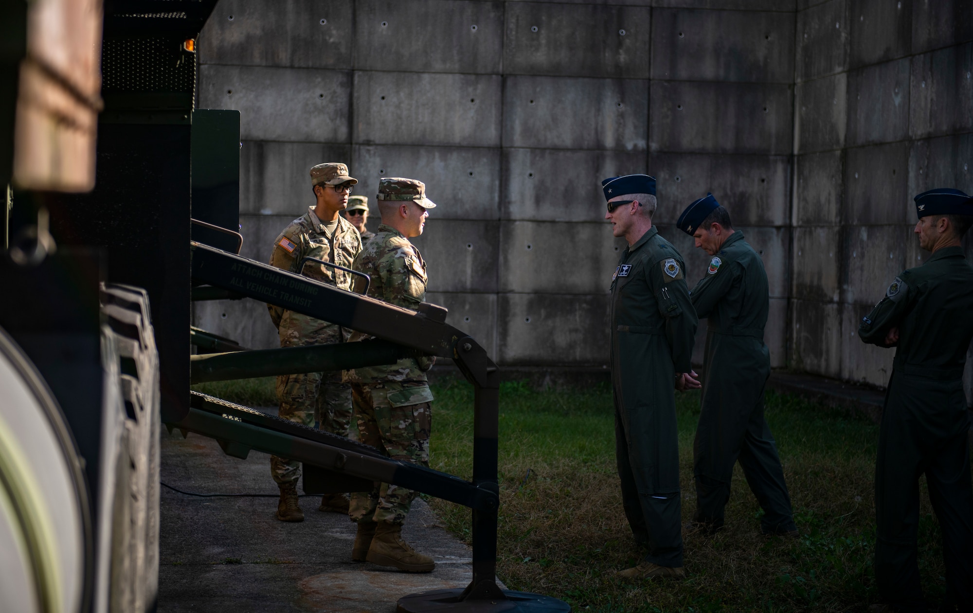 U.S. Army Soldiers assigned to the 2-1 Air Defense Artillery brief U.S. Air Force Brig. Gen. Jason Rueschhoff, 7th Air Force deputy commander, and 8th Fighter Wing leadership about Missile Segment Enhancement (MSE) Patriot missiles at Kunsan Air Base, Republic of Korea, Oct. 14, 2021. Rueschhoff also visited the O’Malley Dining Facility, enlisted dorms, flightline, indoor shooting range and received a Rapid Airfield Damage Assessment demonstration. (U.S. Air Force photo by Senior Airman Suzie Plotnikov)