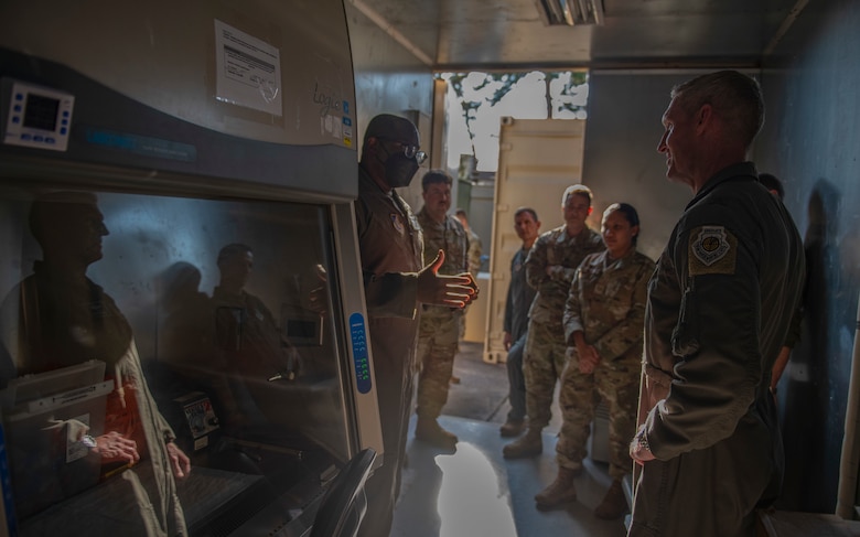 Eighth Medical Group Airmen brief Brig. Gen. Jason Rueschhoff, 7th Air Force deputy commander, about the Wolf Pack’s readiness and capabilities at Kunsan Air Base, Republic of Korea, Oct. 14, 2021. Rueschhoff also visited the O’Malley Dining Facility, enlisted dorms, flightline, indoor shooting range, 8th Medical Group and received a Rapid Airfield Damage Assessment demonstration. (U.S. Air Force photo by Senior Airman Suzie Plotnikov)