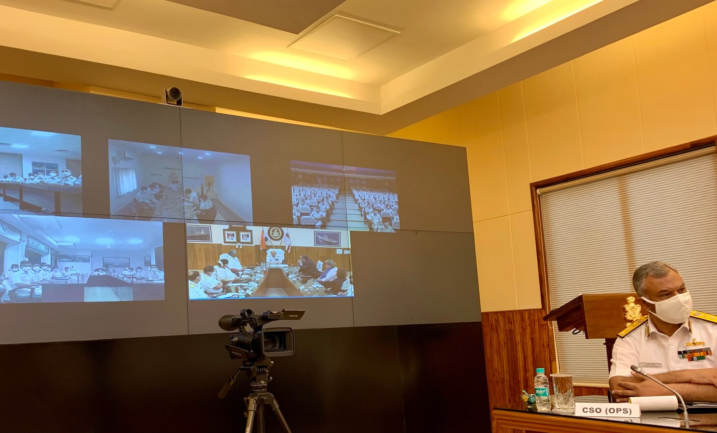 Chief of Naval Operations Adm. Mike Gilday delivers remarks in-person and virtually to the Indian Navy at Western Naval Command in Mumbai.