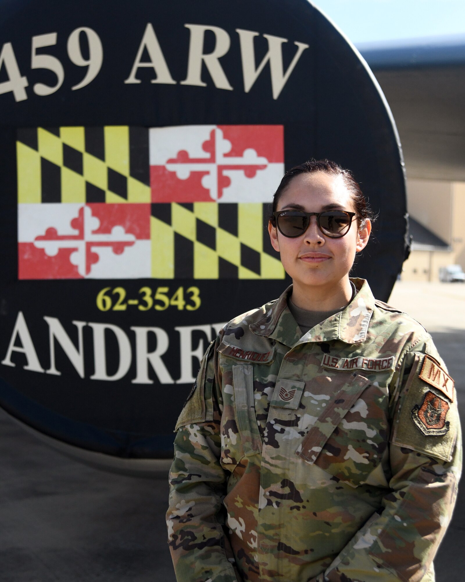 U.S. Air Force Tech Sgt. Sandra Henriquez, 459th Maintenance Squadron, aero repair technician, poses for a photo Oct. 14, 2021, at Joint Base Andrews, Md. Henriquez reflects on her Salvadorian heritage during Hispanic Heritage month which is observed from Sep 15 – Oct 15. (U.S. Air Force photo by Staff Sgt. Cierra Presentado/Released)