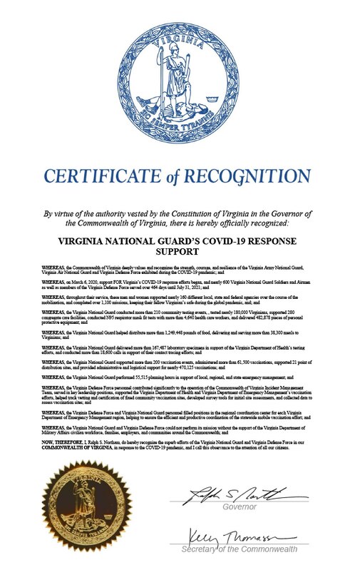 Governor's certificate recognizes VNG, VDF COVID-19 response support