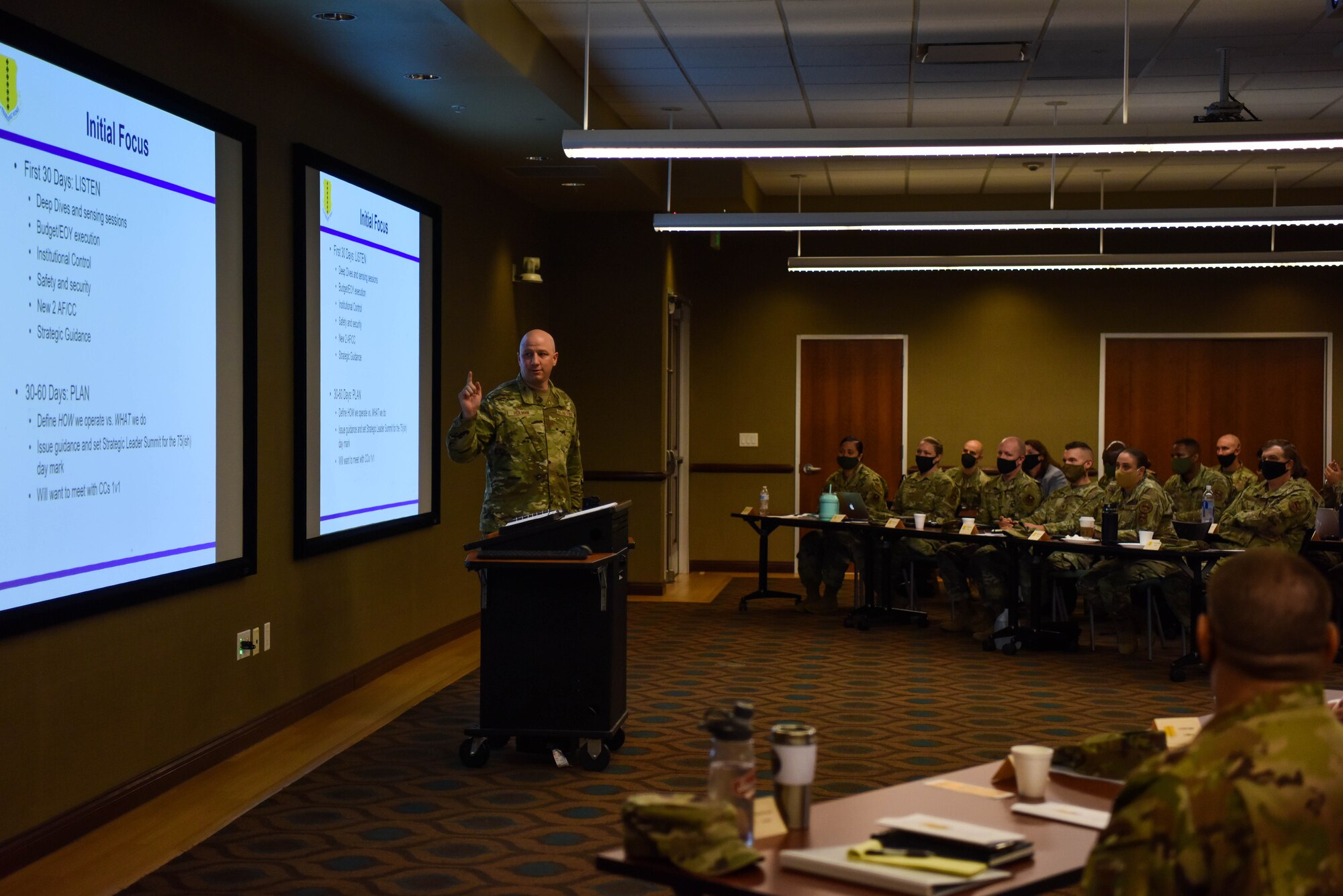 U.S. Air Force Col. Matthew Reilman, 17th Training Wing commander, speaks during the Senior Leaders’ Conference at Angelo State University, Texas, Oct. 13, 2021. During the conference, he detailed his priorities and plans for the 17th TRW moving forward under his command. (U.S. Air Force photo by Senior Airman Jermaine Ayers)