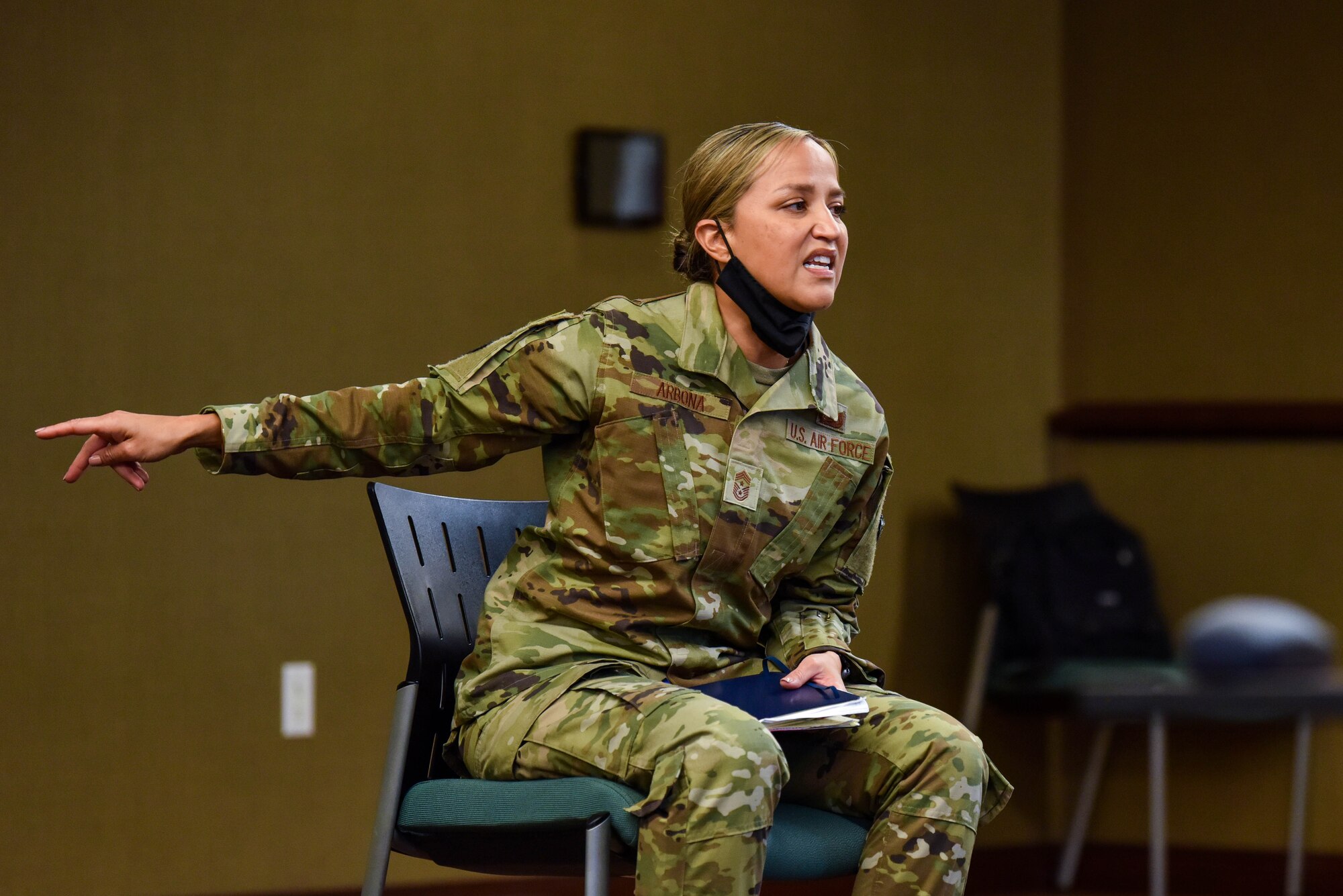 U.S. Air Force Chief Master Sgt. Rebecca Arbona, 17th Training Wing command chief, talks to Senior Enlisted Leaders during the Senior Leaders’ Conference at Angelo State University, Texas, Oct. 13, 2021. Arbona expressed her goals moving forward as the command chief for the 17th TRW. (U.S. Air Force photo by Senior Airman Jermaine Ayers)