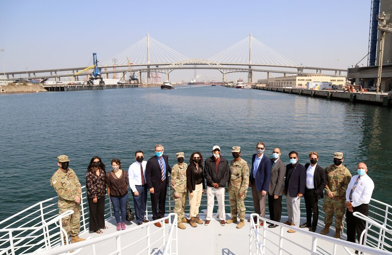 Representatives with the U.S. Army Corps of Engineers Los Angeles District and South Pacific Division, along with representatives with the Port of Long Beach, pose for a picture Aug. 25 during a boat tour of the inner and middle harbor of the port at Long Beach, California. Lt. Gen. Scott Spellmon, the Corps’ commanding general and 55th U.S. Army chief of engineers, signed the chief’s report Oct. 14 for the Port of Long Beach Deep-Draft Navigation Feasibility Report. With Spellmon’s signature, the report is now elevated to the Assistant Secretary of the Army for Civil Works, U.S. Office of Management and Budget, and to Congress for consideration of project authorization.