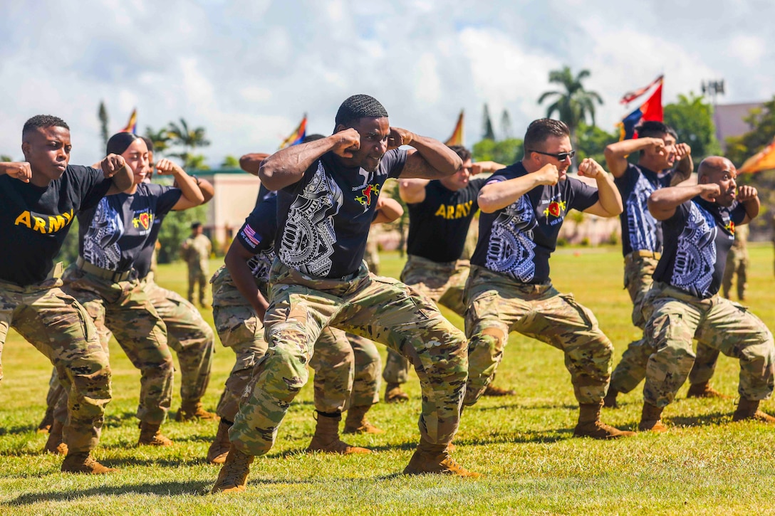 Soldiers move in formation.