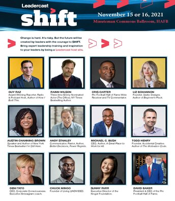 The Warhawk First Sergeant Council will host an in-person Leadercast “Shift” event for enlisted service members at Hanscom Air Force Base, Mass., Nov. 15 and 16. The professional development event will feature 12 pre-recorded guest speakers who will share their unique perspectives to navigating personal and professional changes. (Courtesy Graphic)