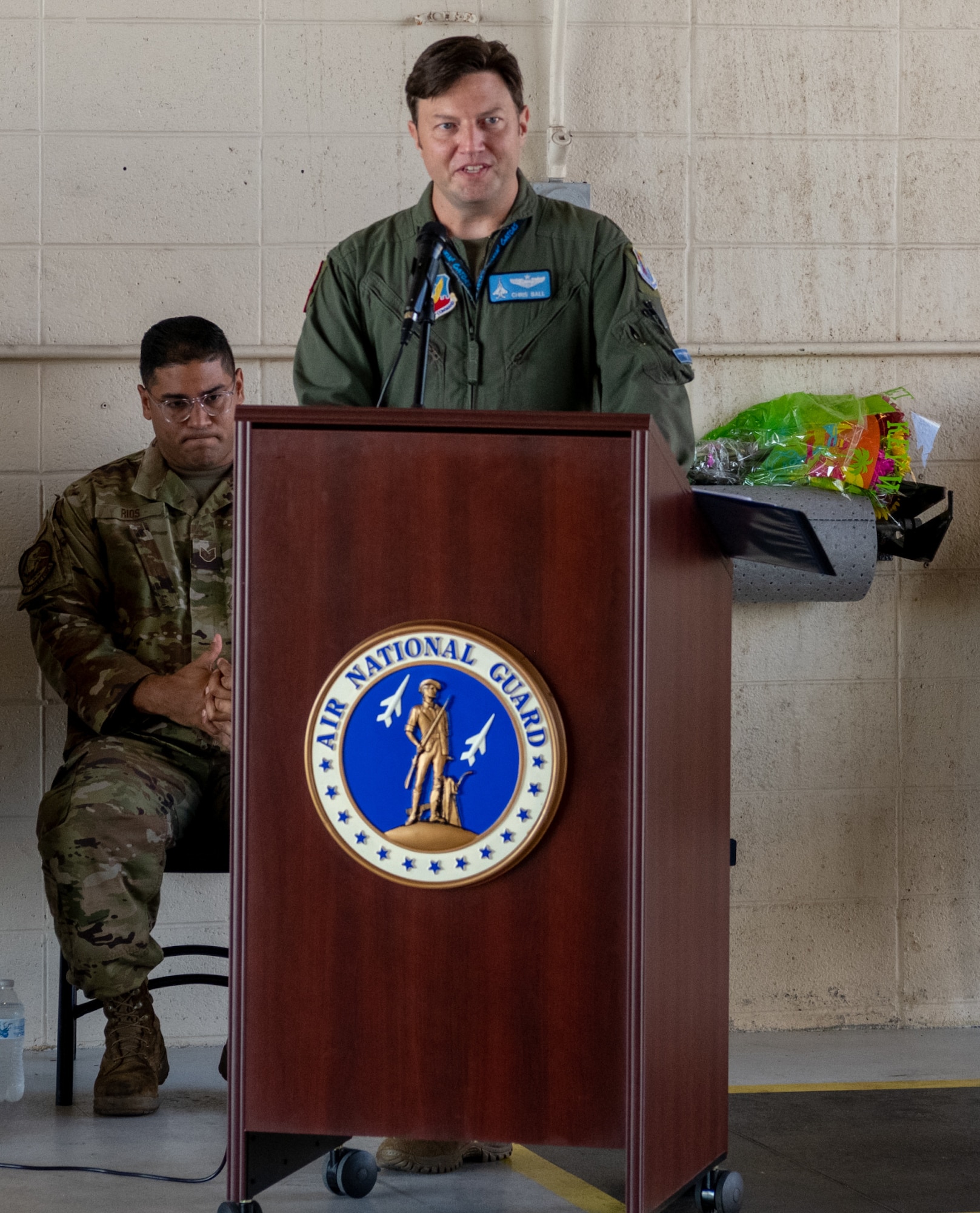 Maj. Christopher Ball, Detachment 1, 125th Fighter Wing’s newest commander speaks to personnel after an assumption of command ceremony held at Homestead Air Reserve Base, Fla., on Oct 15, 2021. (U.S. Air Force photo by Tech. Sgt. Allissa Landgraff)