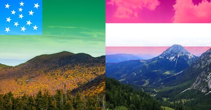 This image contains cropped photos of Vermont and Austria mountain ranges, with blended Vermont and Austrian flags, to represent the newly announced State Partnership Program initiative between Vermont and Austria, announced by the Defense Department Oct. 15, 2021. (Vermont Army National Guard photo illustration by Marcus Tracy)