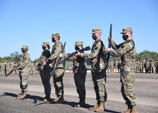 The 315th Training Squadron drill team conducts an exhibition routine during the 17th Training Group drill competition