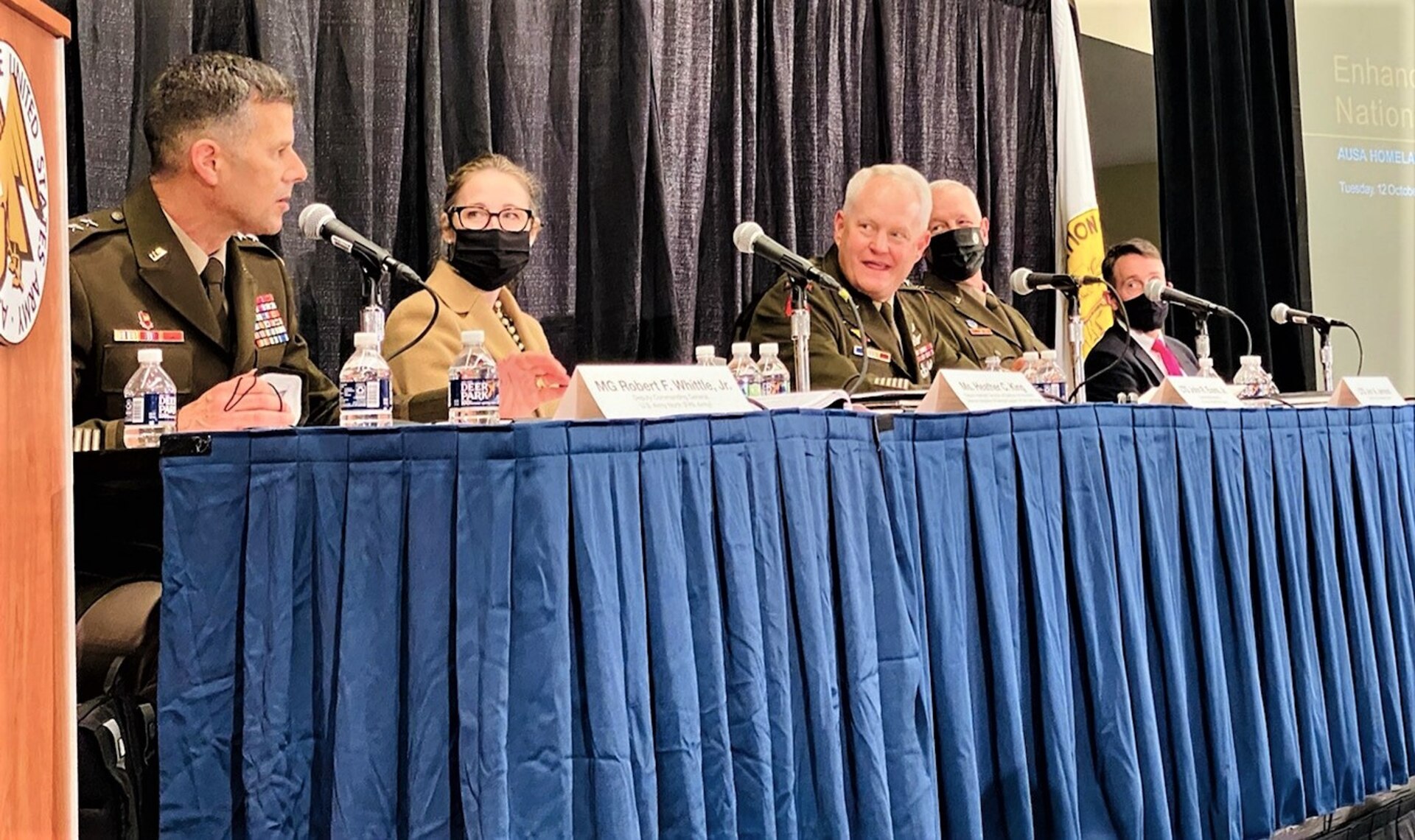 Maj. Gen. Robert Whittle, the deputy commanding general for U.S. Army North, speaks at the Enhancing National Resiliency panel during this year’s Association of the United States Army meeting, October 12, 2021. The panel brought together these federal partners to spark a conversation on how each organization is focused on national resilience through their response efforts to natural disasters and defense support of civil authorities.