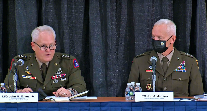 Lt. Gen. John Evans, the commanding general for U.S Army North, speaks at the Enhancing National Resiliency panel during this year’s Association of the United States Army meeting, October 12, 2021. The panel brought together these federal partners to spark a conversation on how each organization is focused on national resilience through their response efforts to natural disasters and defense support of civil authorities.