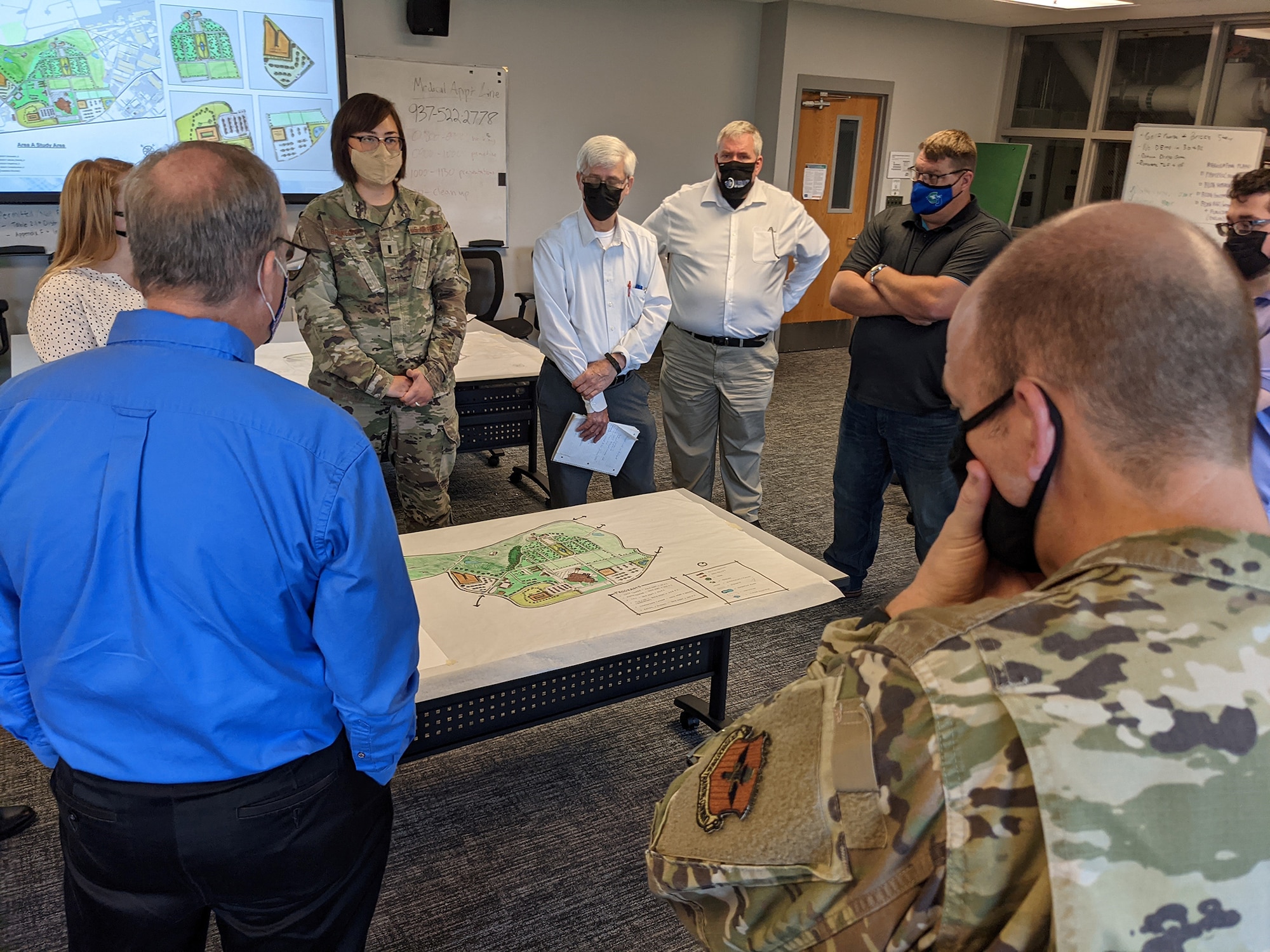 Students in the Air Force Institute of Technology Civil Engineer School’s comprehensive planning development (WENG 520) course work in teams to develop district plans for areas around Wright-Patterson AFB and then present their work to base personnel and leadership. (Contributed Photo)