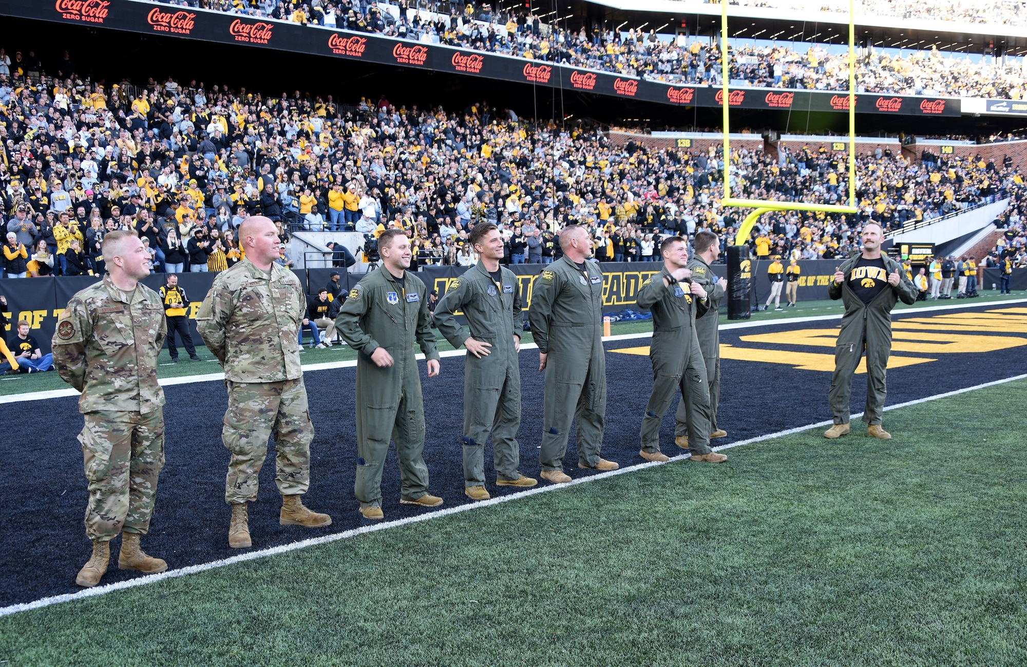 Iowa National Guard aircrew is performing a flyover at Kinnick Stadium in Iowa City