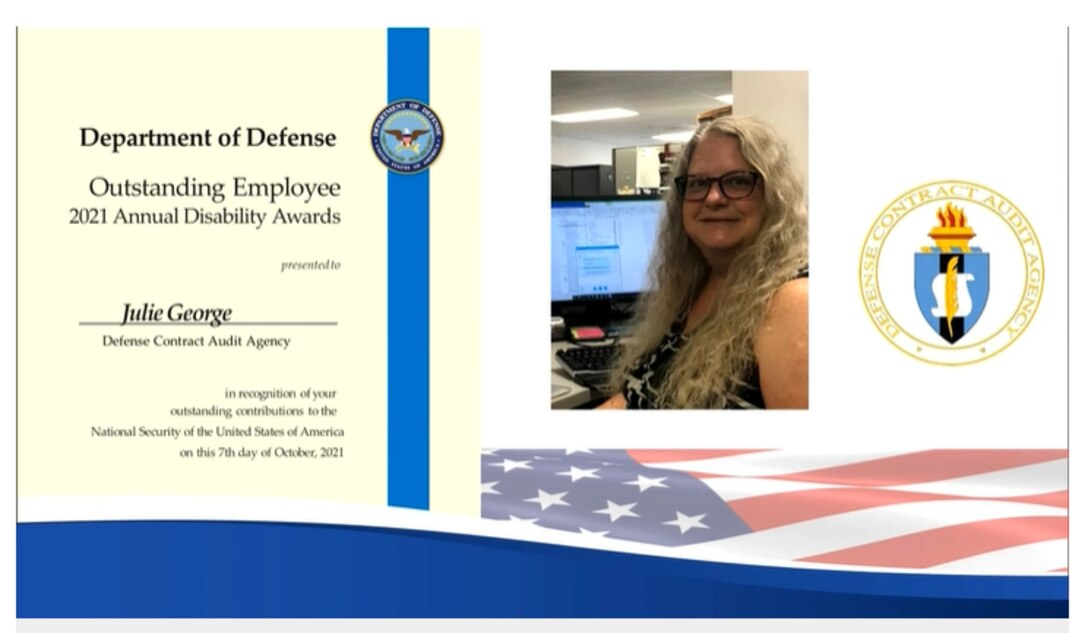 award certificate with DCAA seal, DOD seal and photo of female in front of a computer monitor.