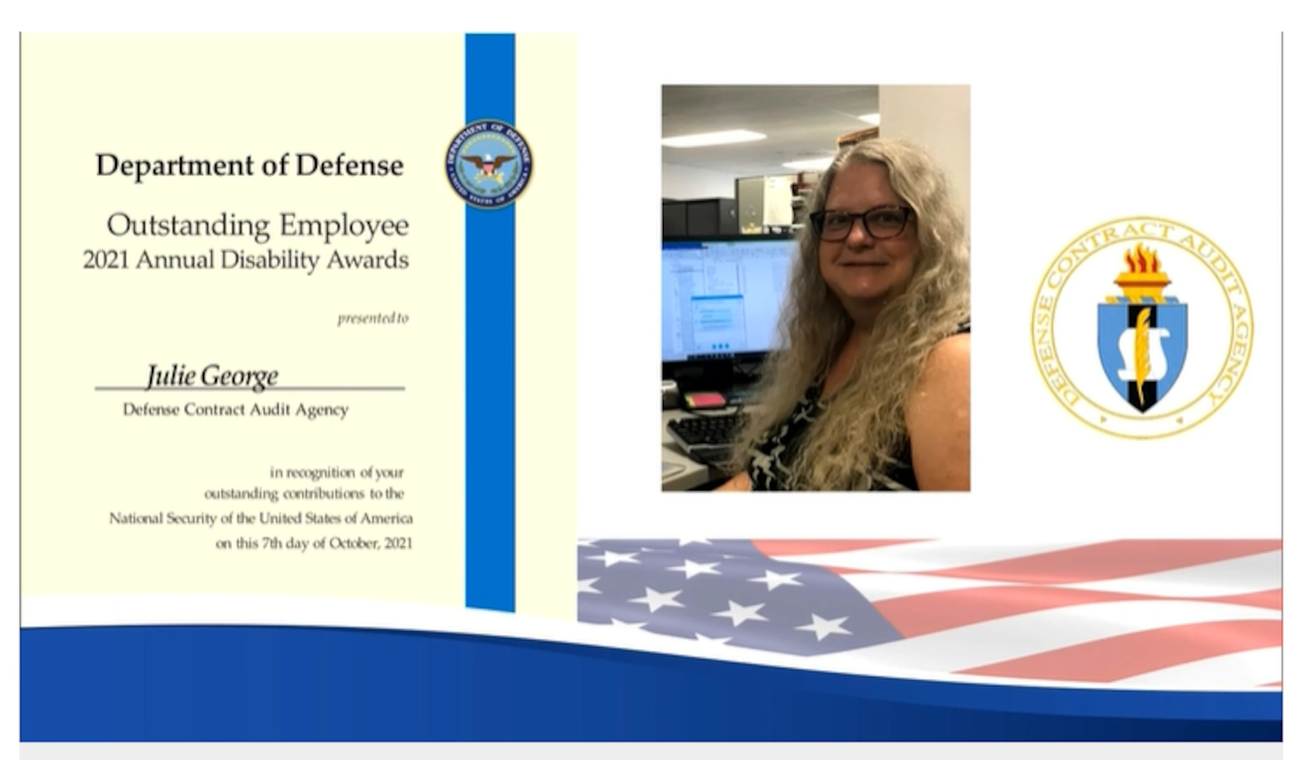 award certificate with DCAA seal, DOD seal and photo of female in front of a computer monitor.