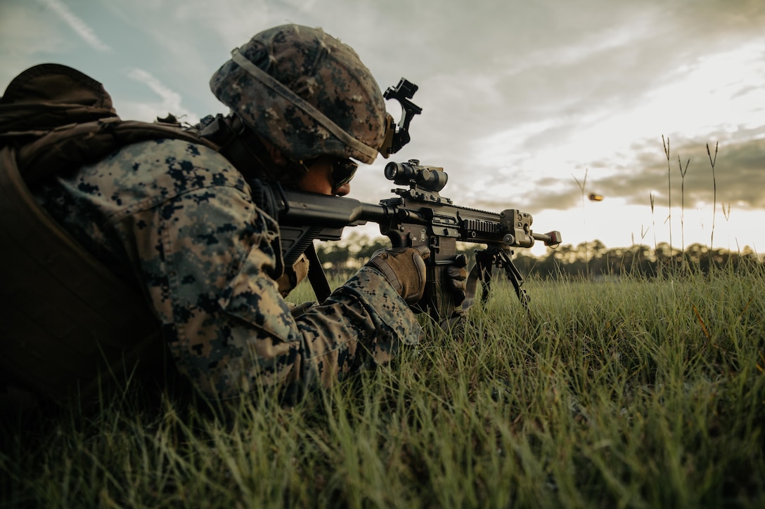 U.S. Marine Corps Lance Cpl. Sean Willey, a native of Utica, N.Y., and a rifleman with 3rd Battalion, 6th Marine Regiment, 2d Marine Division, engages targets on Camp Lejeune, N.C., Oct. 13, 2021.