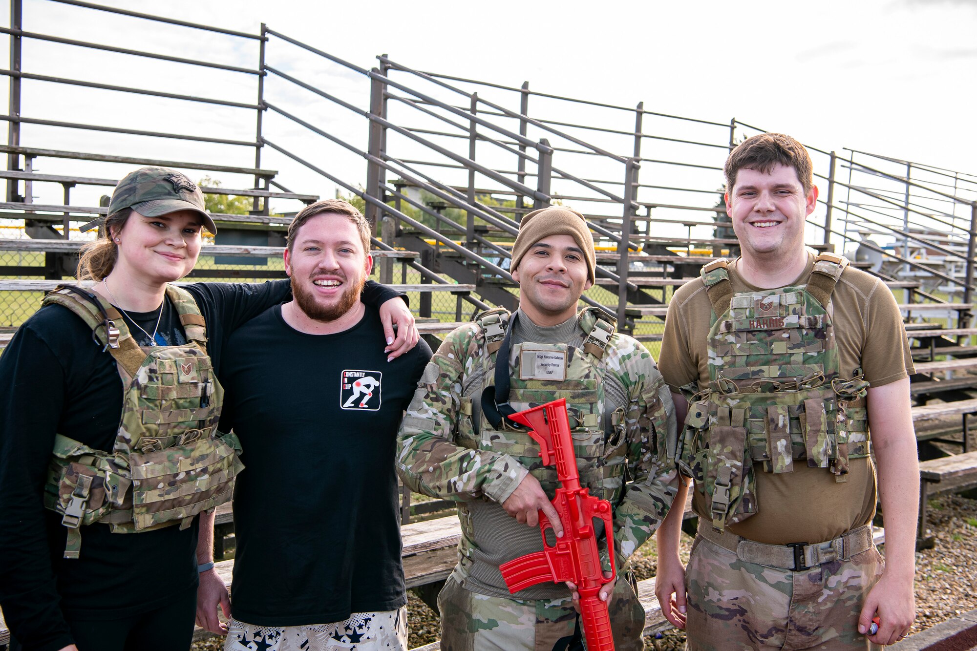 Airmen from the 423rd Security Forces Squadron pose for a photo after completing a defender challenge at RAF Alconbury, England, Oct. 13, 2021. The challenge was part of National Police Week where defenders paid homage to those who have served as police officers and to honor those that lost their lives in the line of duty. (U.S. Air Force photo by Senior Airman Eugene Oliver)