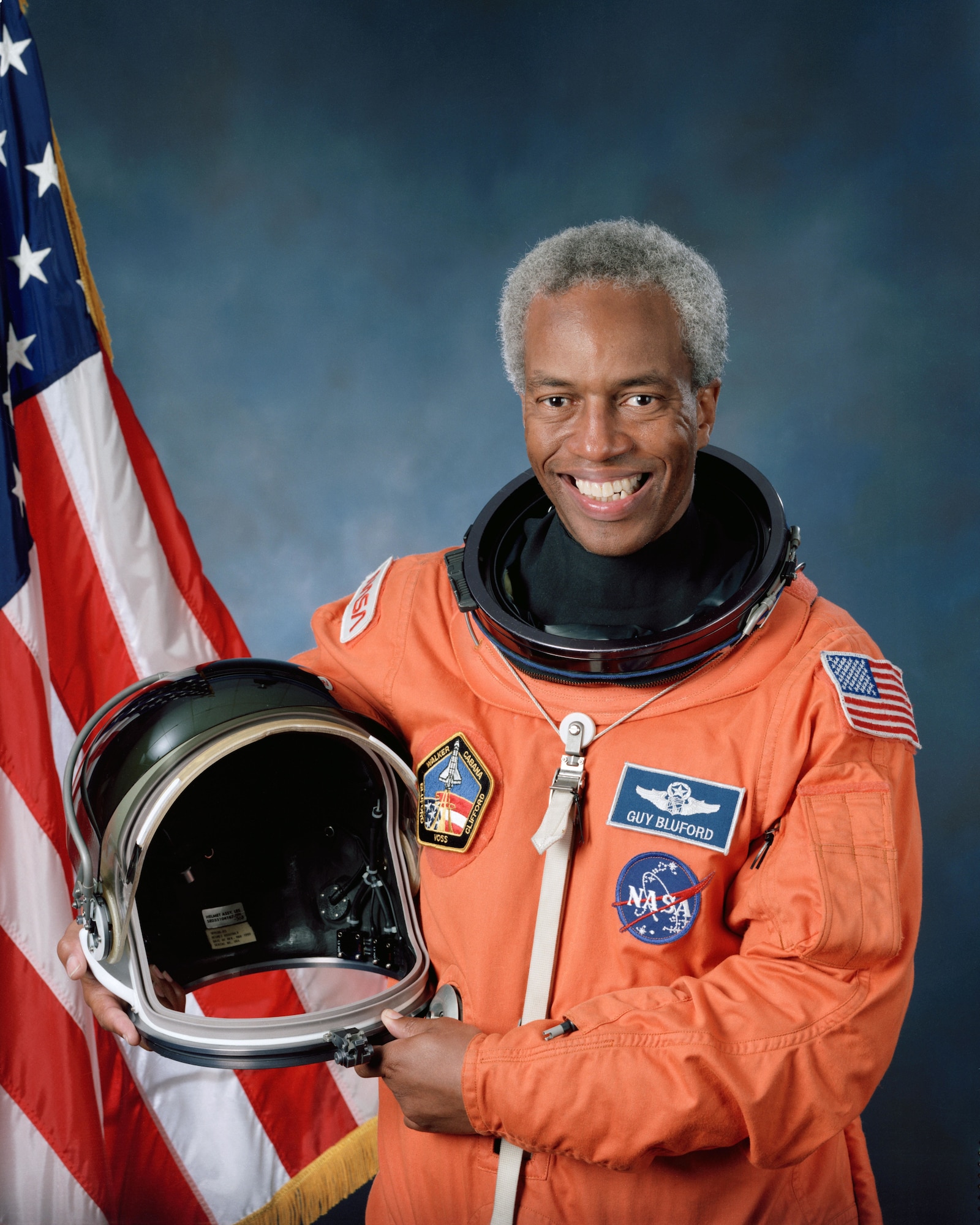 Astronaut and retired USAF Col. Guion S. Bluford Jr. poses for a bio photo in his spacesuit.