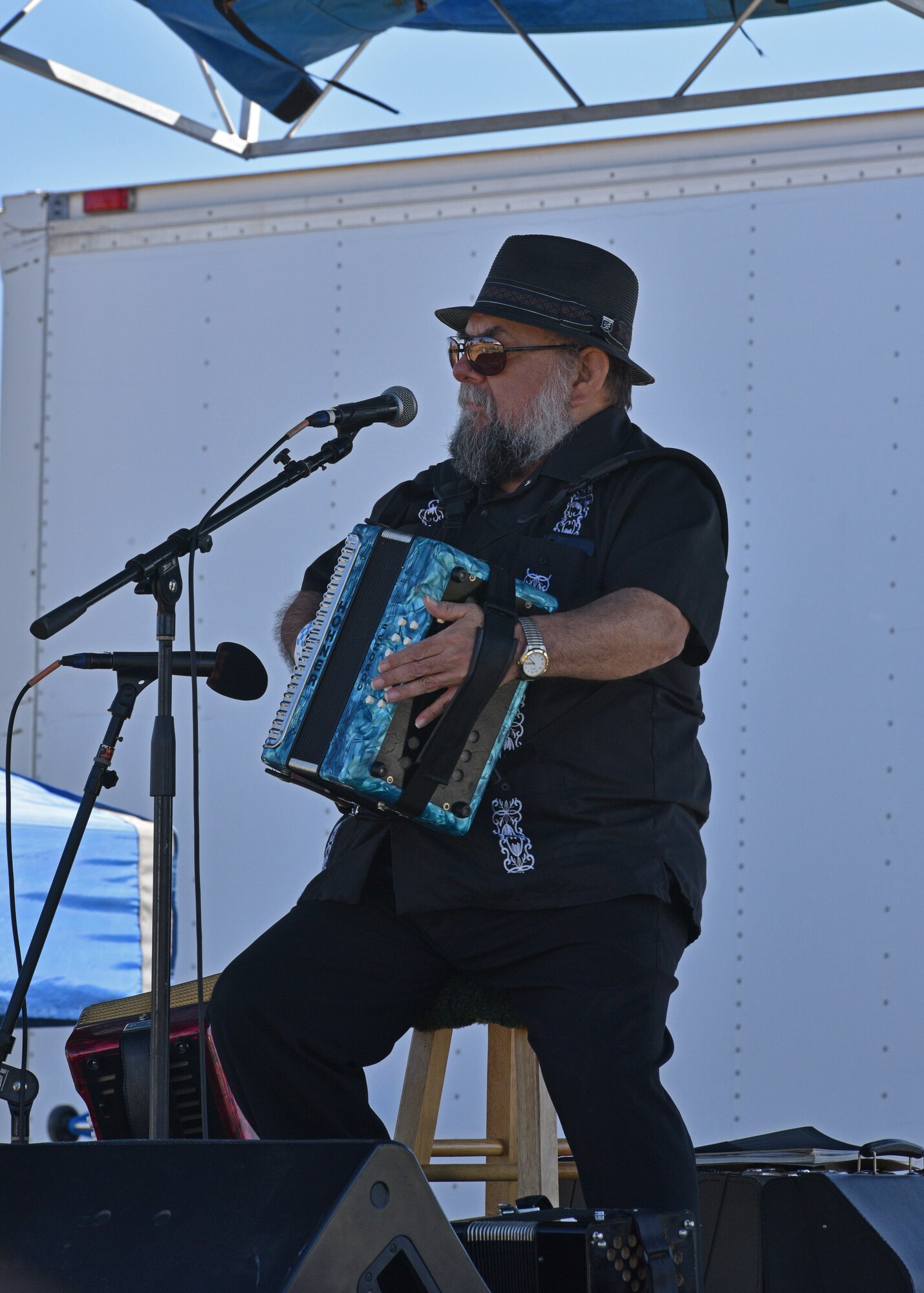 A local musician performs at the Oktoberfest at Goodfellow celebration at the Event Center Complex on Goodfellow Air Force Base, Texas, Oct. 16, 2021. Oktoberfest brought German culture to Goodfellow and allowed Airmen and their families to celebrate German heritage without travelling outside the local area. (U.S. Air Force photo by Senior Airman Ashley Thrash)