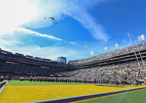 The aircraft flew over the stadium in conjunction with the singing of to the colors as a way to signal the start of the game.