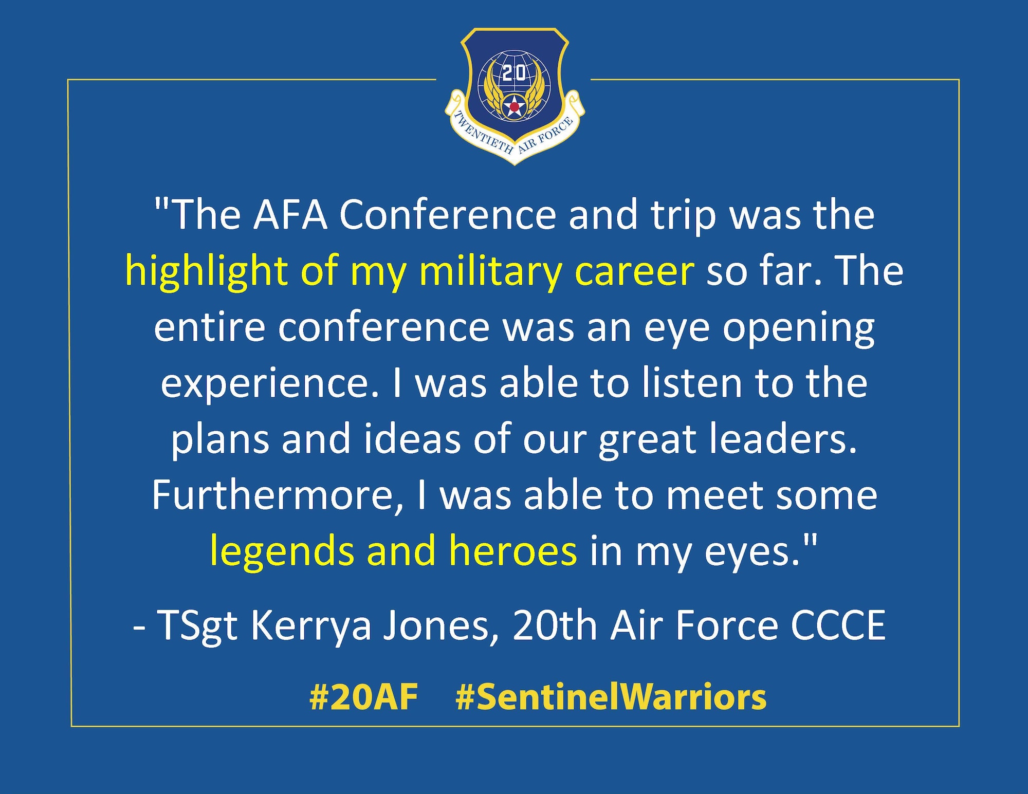 Airmen from 20th Air Force Headquarters share their biggest take away from the Air Force Association 2021 Air, Space and Cyber Conference in National Harbor, Maryland September 20-22, 2021. (U.S. Air Force graphic by 1st Lt Emily Seaton)