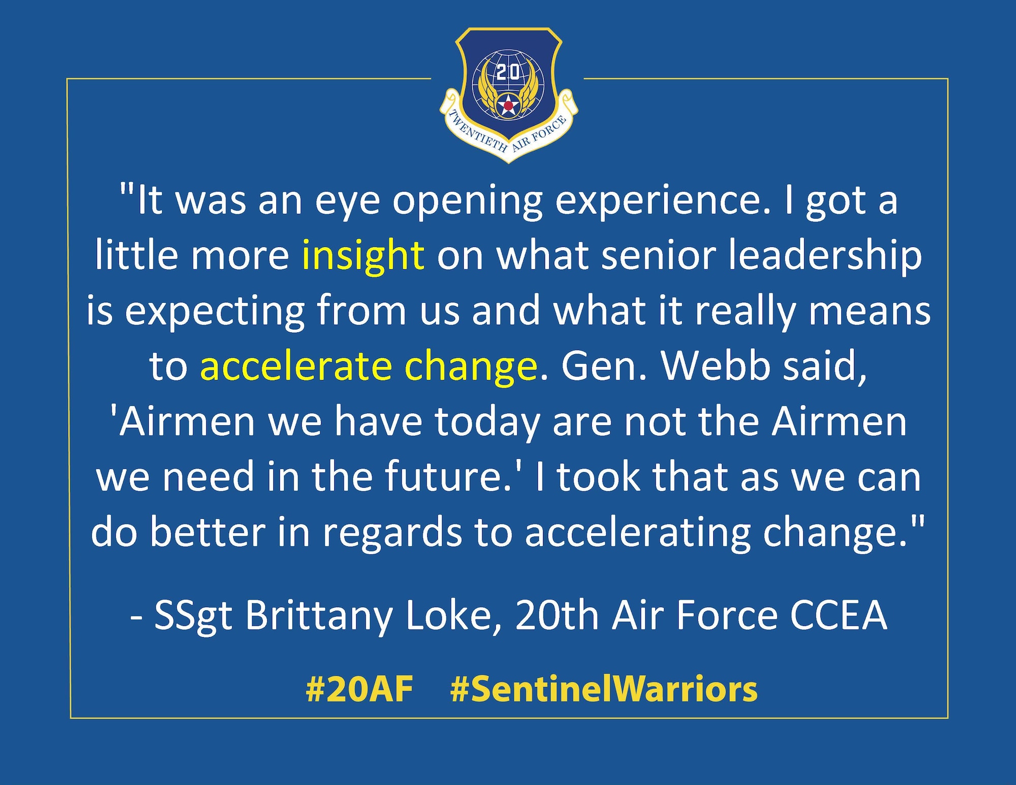 Airmen from 20th Air Force Headquarters share their biggest take away from the Air Force Association 2021 Air, Space and Cyberspace Conference in National Harbor, Maryland September 20-22, 2021. (U.S. Air Force graphic by 1st Lt Emily Seaton)