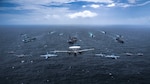 BAY OF BENGAL (Oct. 17, 2021) Ships and aircraft from the U.S. Navy, Royal Australian Navy, Japan Maritime Self-Defense Force, and U.K. Royal Navy transit in formation as part of Maritime Partnership Exercise (MPX) 2021, Oct. 17, 2021. MPX 2021 is a multilateral maritime exercise between the Royal Australian Navy, Japan Maritime Self-Defense Force, U.K. Royal Navy, and U.S. maritime forces, focused on naval cooperation, interoperability and regional security and stability in the Indo-Pacific and is an example of the enduring partnership between Australian, Japanese, U.K. and U.S. maritime forces, who routinely operate together in the Indo-Pacific, fostering a cooperative approach toward regional security and stability. (U.S. Navy photo by Mass Communication Specialist 2nd Class Haydn N. Smith)
