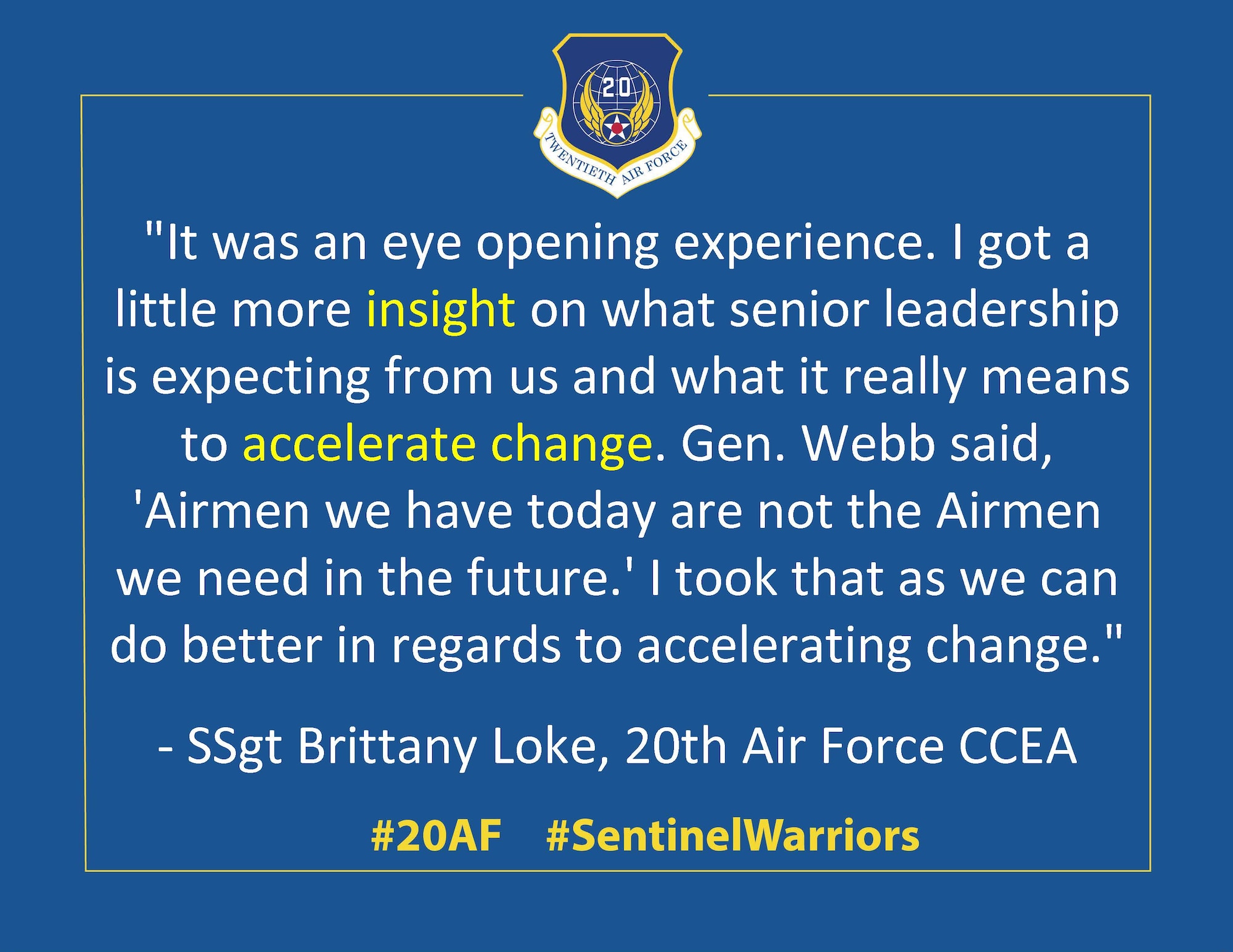 Airmen from 20th Air Force Headquarters share their biggest take away from the Air Force Association 2021 Air, Space and Cyberspace Conference in National Harbor, Maryland September 20-22, 2021. (U.S. Air Force graphic by 1st Lt Emily Seaton)