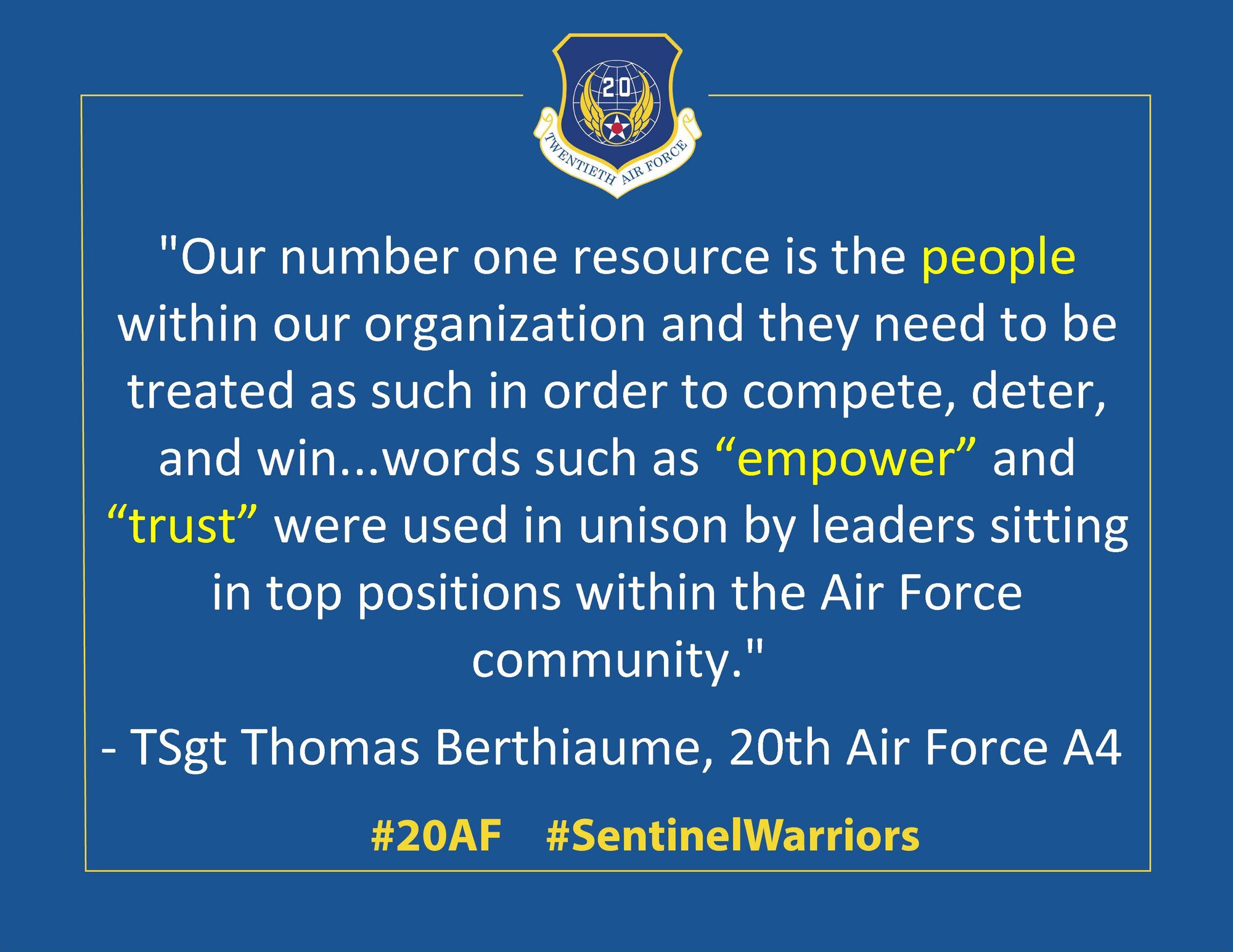 Airmen from 20th Air Force Headquarters share their biggest take away from the Air Force Association 2021 Air, Space and Cyber Conference in National Harbor, Maryland September 20-22, 2021. (U.S. Air Force graphic by 1st Lt Emily Seaton)