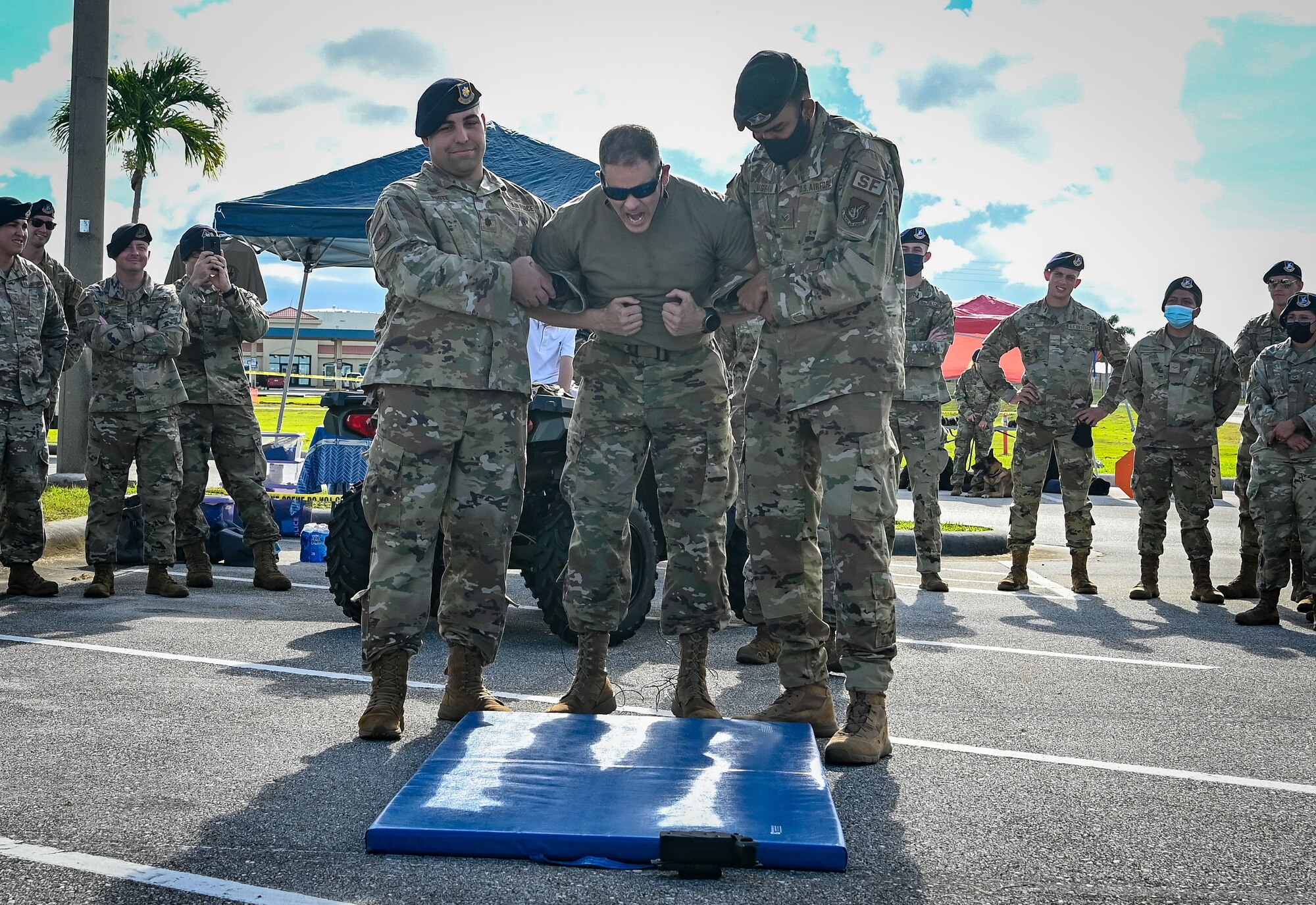 U.S. Air Force Chief Master Sgt. Yusef Saad, superintendent assigned to the 36th Mission Support Group, gets tased during Police Week activities at Andersen Air Force Base, Guam, Oct. 18, 2021.