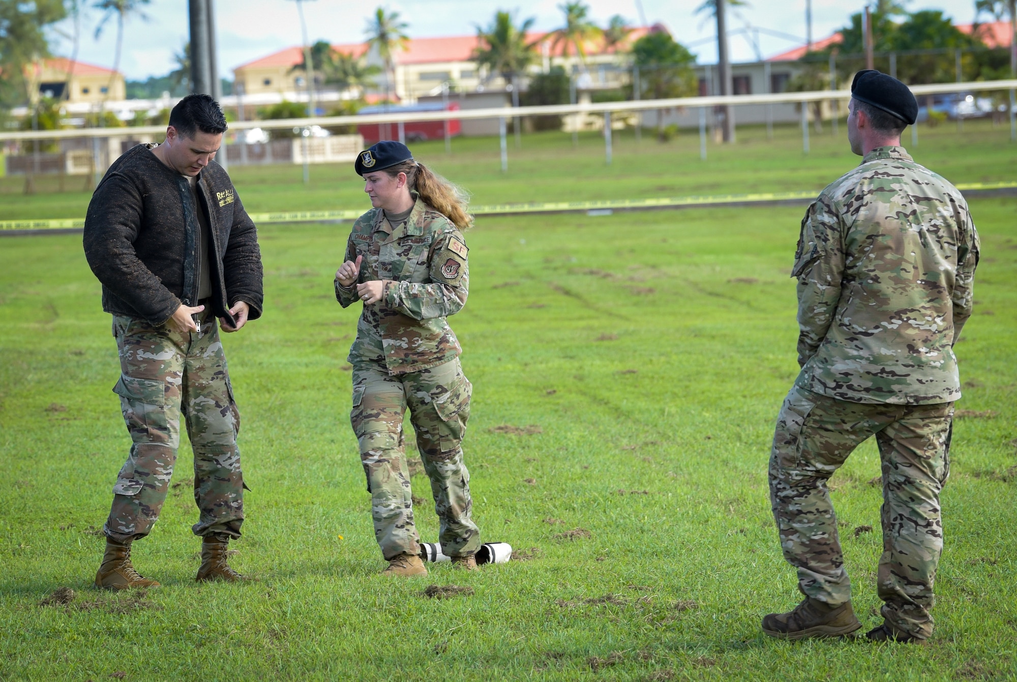 U.S. Air Force Col. David Aragon, 36th Wing vice commander, prepares his military working dog bite suit before participating in a MWD demonstration at Andersen Air Force Base, Guam, Oct. 18, 2021.