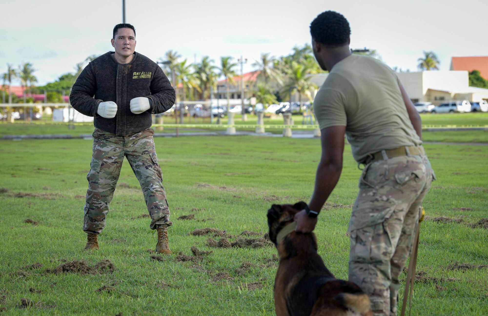 U.S. Air Force Col. David Aragon, 36th Wing vice commander, gets bit by a military working dog during a MWD demonstration at Andersen Air Force Base, Guam, Oct. 18, 2021.