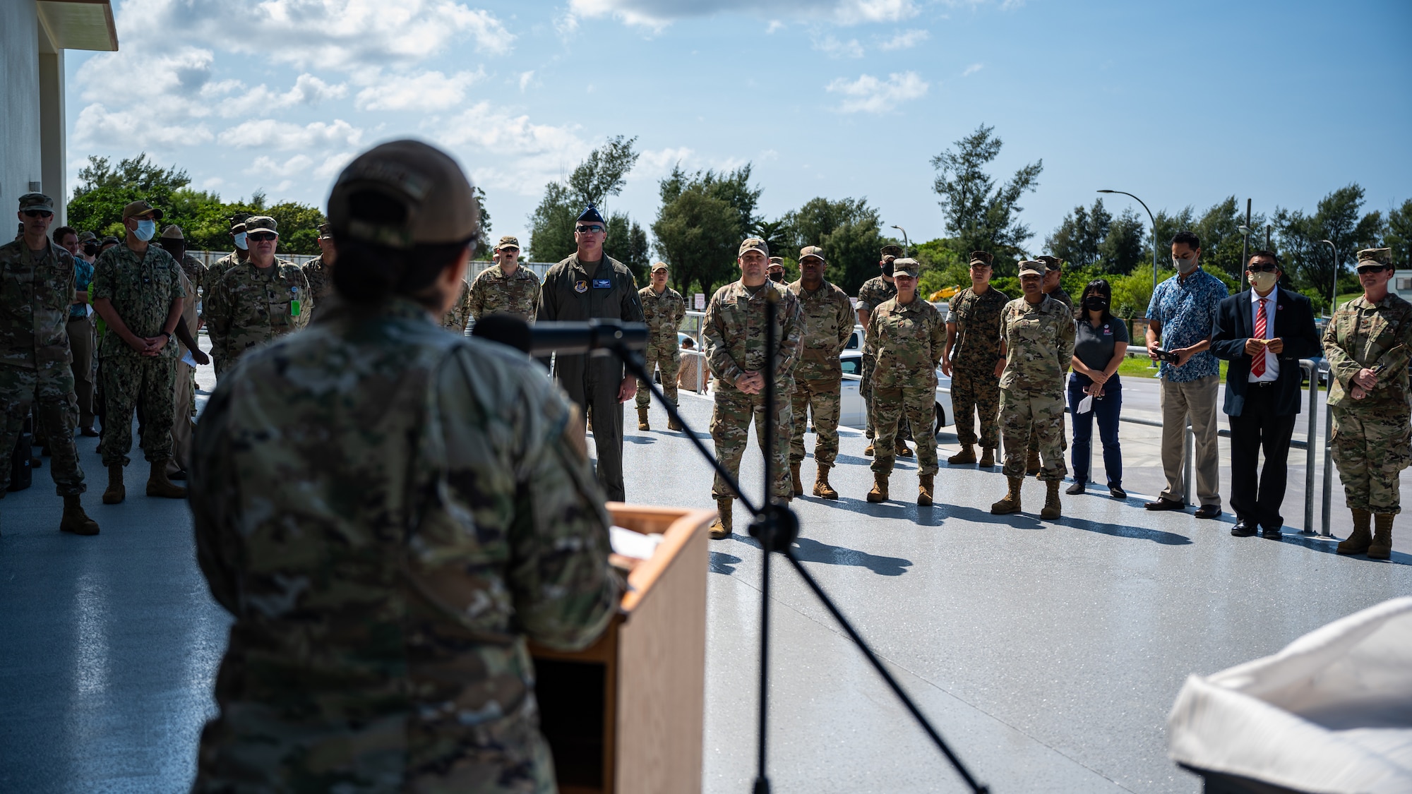 Airmen listen to a speech.