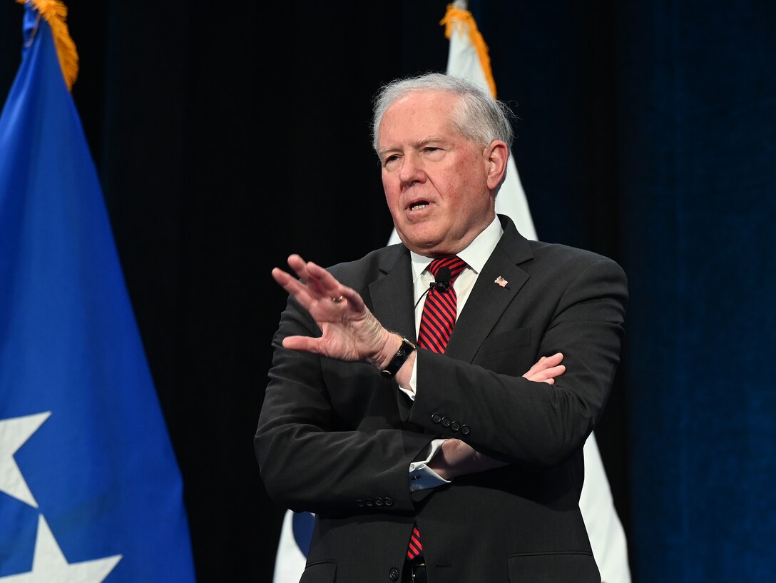 Secretary of the Air Force Frank Kendall takes questions from the audience at the National Defense Transportation Fall Meeting in the Gaylord Hotel, National Harbor, Md., Oct. 18, 2021. (U.S. Air Force photo by Andy Morataya)