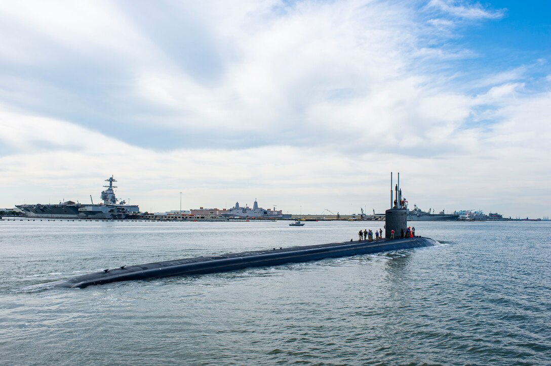 210507-N-ON977-1001 (May 7, 2021) The Virginia-class fast-attack submarine USS New Hampshire (SSN 778) returns to port at Naval Station Norfolk, May 7,2021. New Hampshire returns following a deployment that supported national security interests and maritime security operations at sea. (U.S. Navy photo by Mass Communication Specialist 1st Class Alfred A. Coffield)