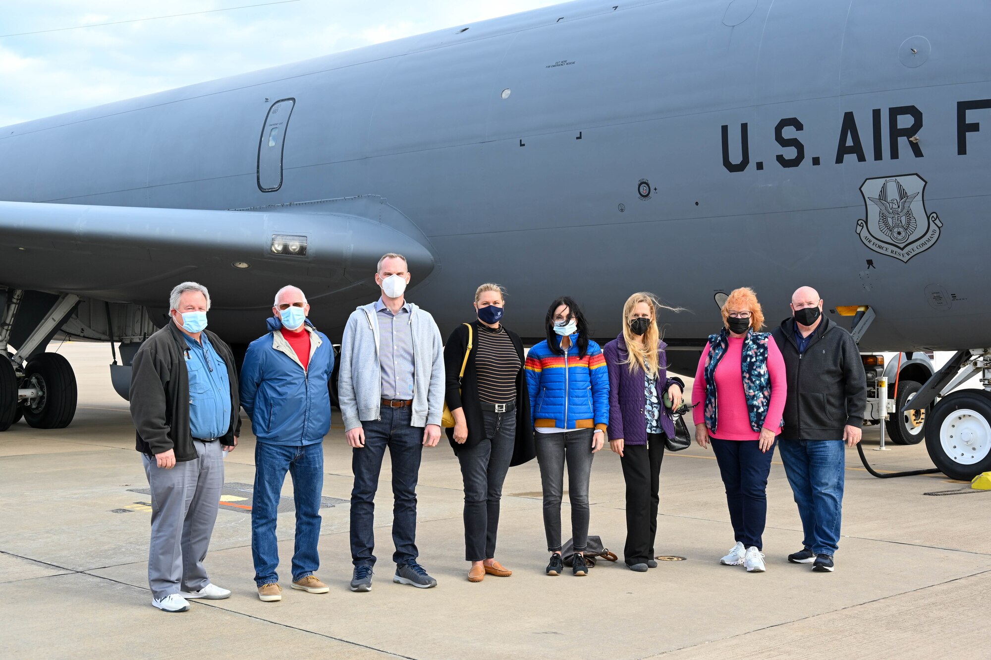 Tinker Air Force Base Honorary Commanders pose in front of a KC-135 Stratotanker assigned to the 465th Air Refueling Squadron, Tinker AFB, Oklahoma. The orientation flight gave the honorary commanders an opportunity to see the Okie in-air refueling mission in action, Oct. 15, 2021. (U.S. Air Force photo by 2nd Lt. Mary Begy)