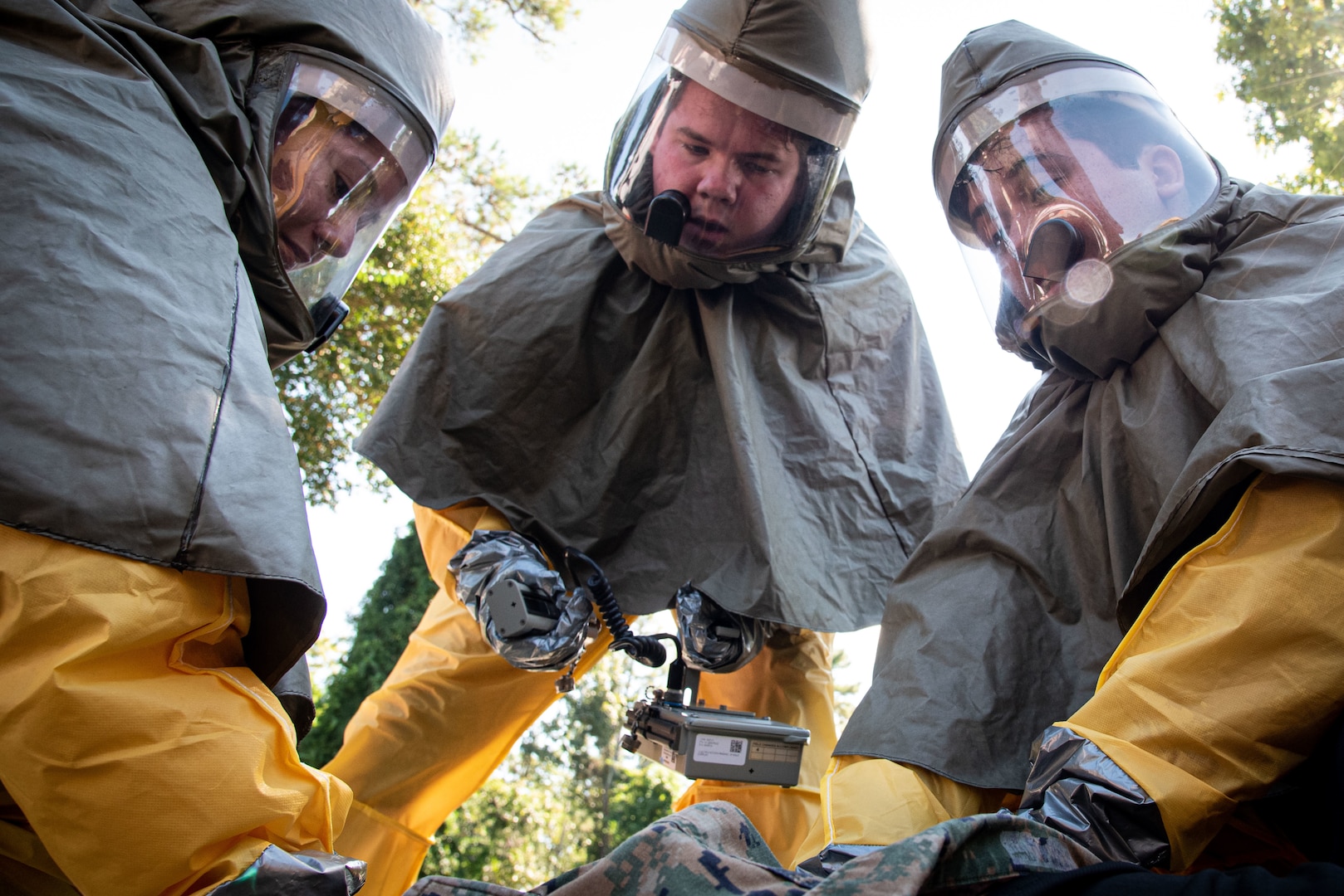 A Sailor serving aboard Naval Health Clinic Cherry Point tests a simulated patient for radiological contamination while conducting a practical exercise demonstrating his proficiency at patient decontamination Thursday, October 14 aboard Marine Corps Air Station Cherry Point.  Sailors assigned to the clinic participated in a multi-day training program to sharpen their skills at safely removing hazardous materials from patients.