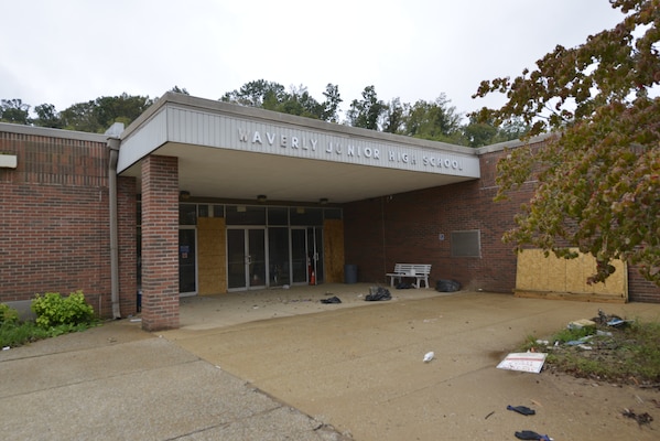 Entryway to Waverly High School sustained damage to front doors