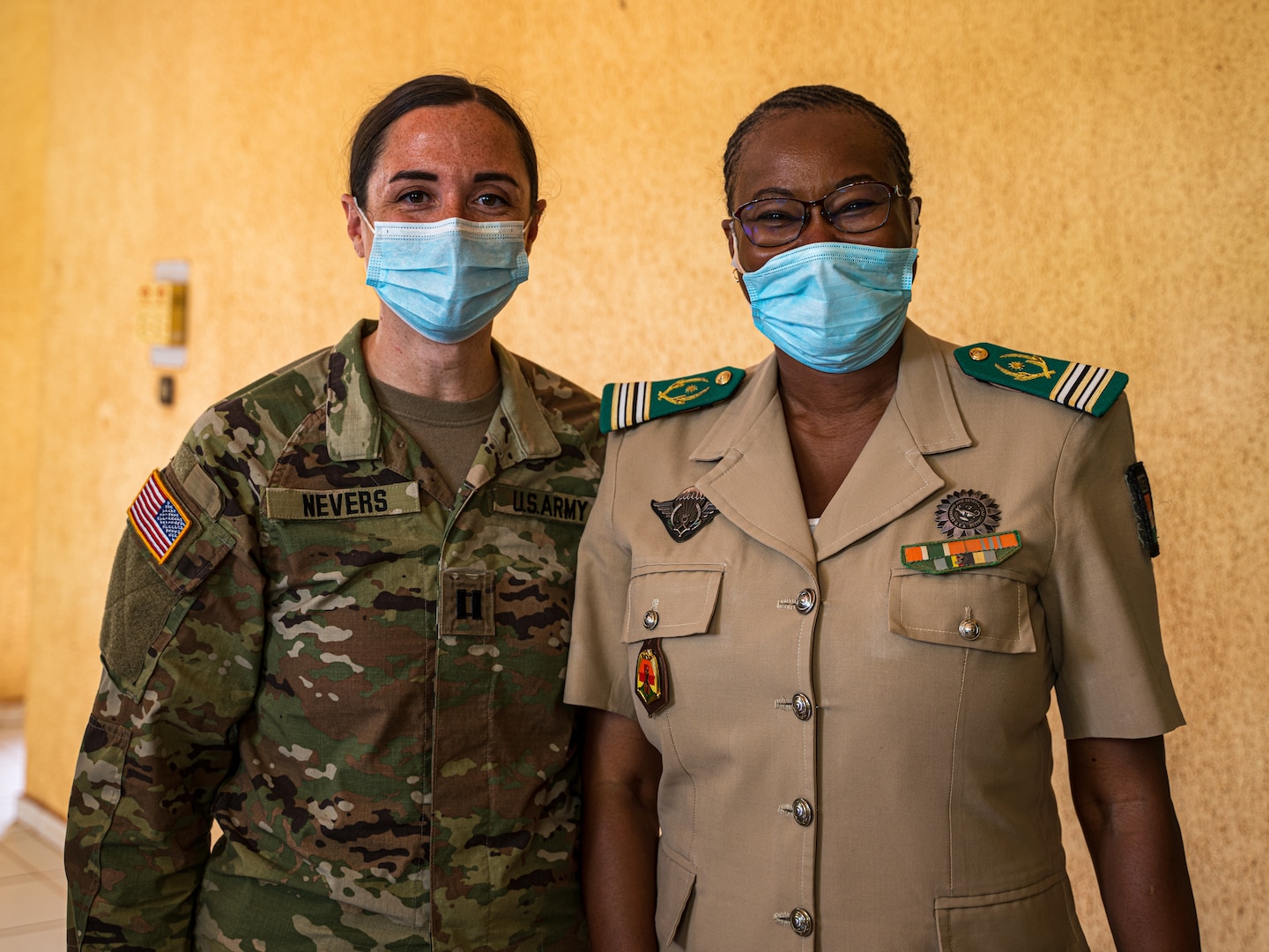 Indiana National Guard Cpt. Jennifer Nevers, a behavioral health officer with the Indiana National Guard’s 738th Medical Company Area Support, meets Lt. Col. Aichatou Ousmane Issaka, the Niger Armed Forces director of psychological and social services, in Niamey, Niger, to strategize on mental health issues for the military. The Indiana Guard and Niger are partners under the National Guard State Partnership Program.