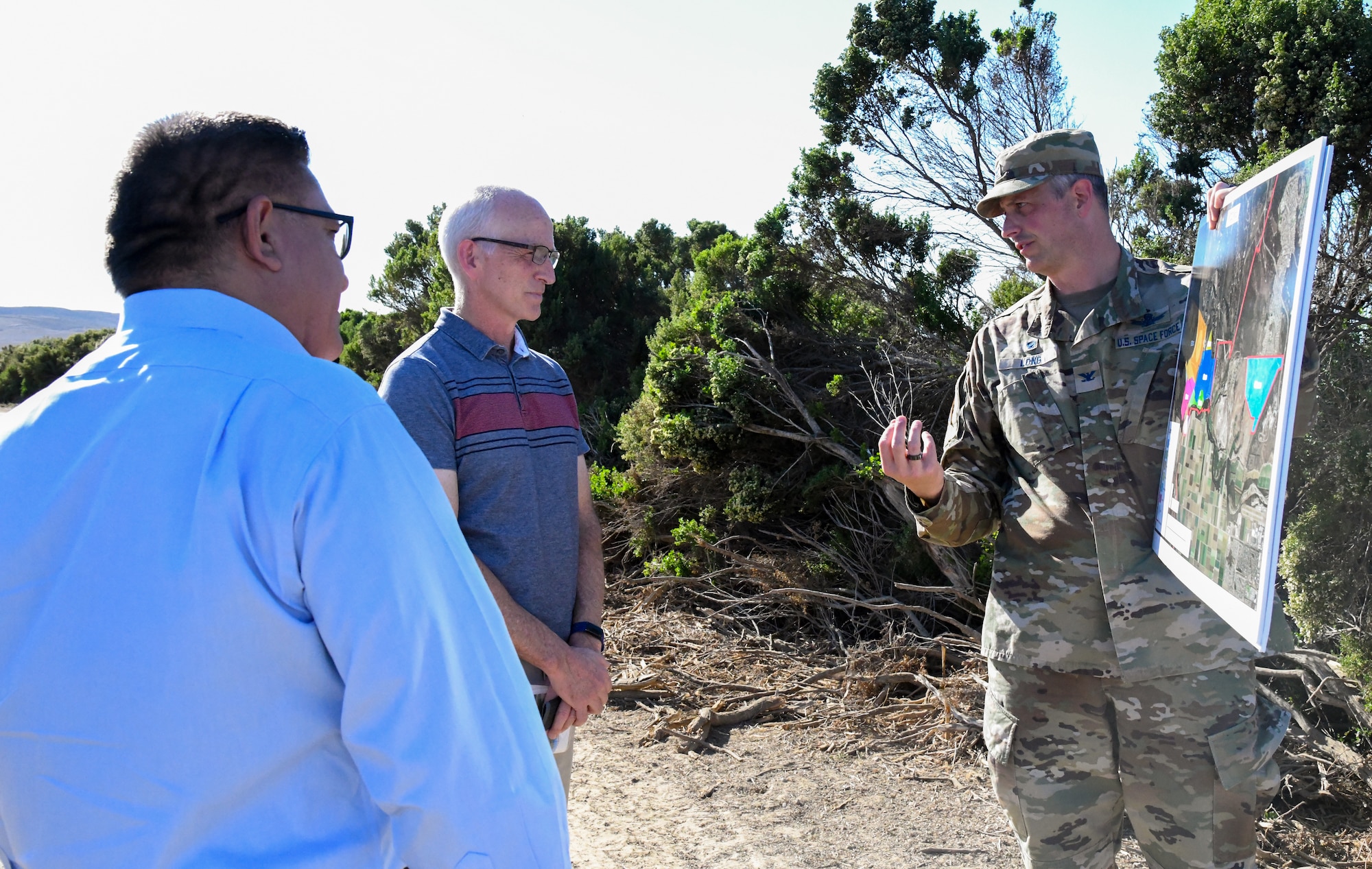 Col. Robert Long, Space Launch Delta 30 commander, briefs Congressman Salud Carbajal, 24th Congressional District of California representative and Rep. Adam Smith, House Armed Services Committee chairman, on the base infrastructure at Vandenberg Space Force Base, Calif., Oct. 16, 2021. Long discusses future developments for a new commercial spaceport for Vandenberg. (U.S. Space Force photo by Airman 1st Class Rocio Romo)