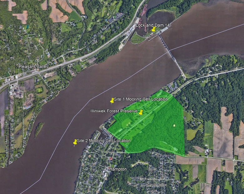Figure 1. Location of mooring cell alternatives in Pool 15 of the Mississippi River.