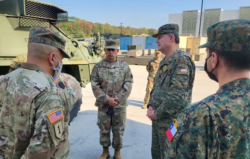 U.S. Army South security cooperation personnel accompany Gen. Ricardo Martínez Menanteau, commander-in-chief of the Chilean Army as he visits with the Pennsylvania National Guard Oct. 15 at Fort Indiantown Gap, Pa. to observe a static display of the Stryker Fighting Vehicle Interoperability allows our Soldiers and systems, and those of other countries, to operate in conjunction with each other, which is critical to bolstering an extended network of partnerships capable of decisively meeting shared challenges.