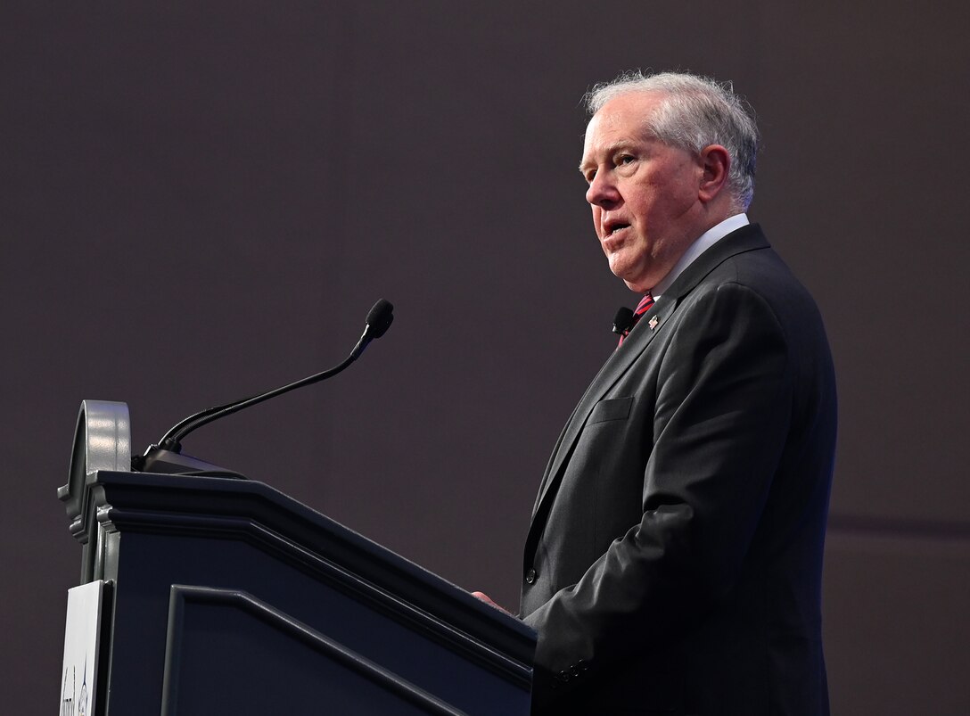 Secretary of the Air Force Frank Kendall addresses the audience at the National Defense Transportation Fall Meeting in the Gaylord Hotel, National Harbor, Md., Oct. 18, 2021. (U.S. Air Force photo by Andy Morataya)