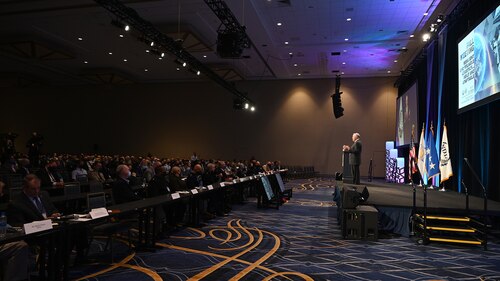 Secretary of the Air Force Frank Kendall takes questions from the audience at the National Defense Transportation Fall Meeting in the Gaylord Hotel, National Harbor, Md., Oct. 18, 2021. (U.S. Air Force photo by Andy Morataya)